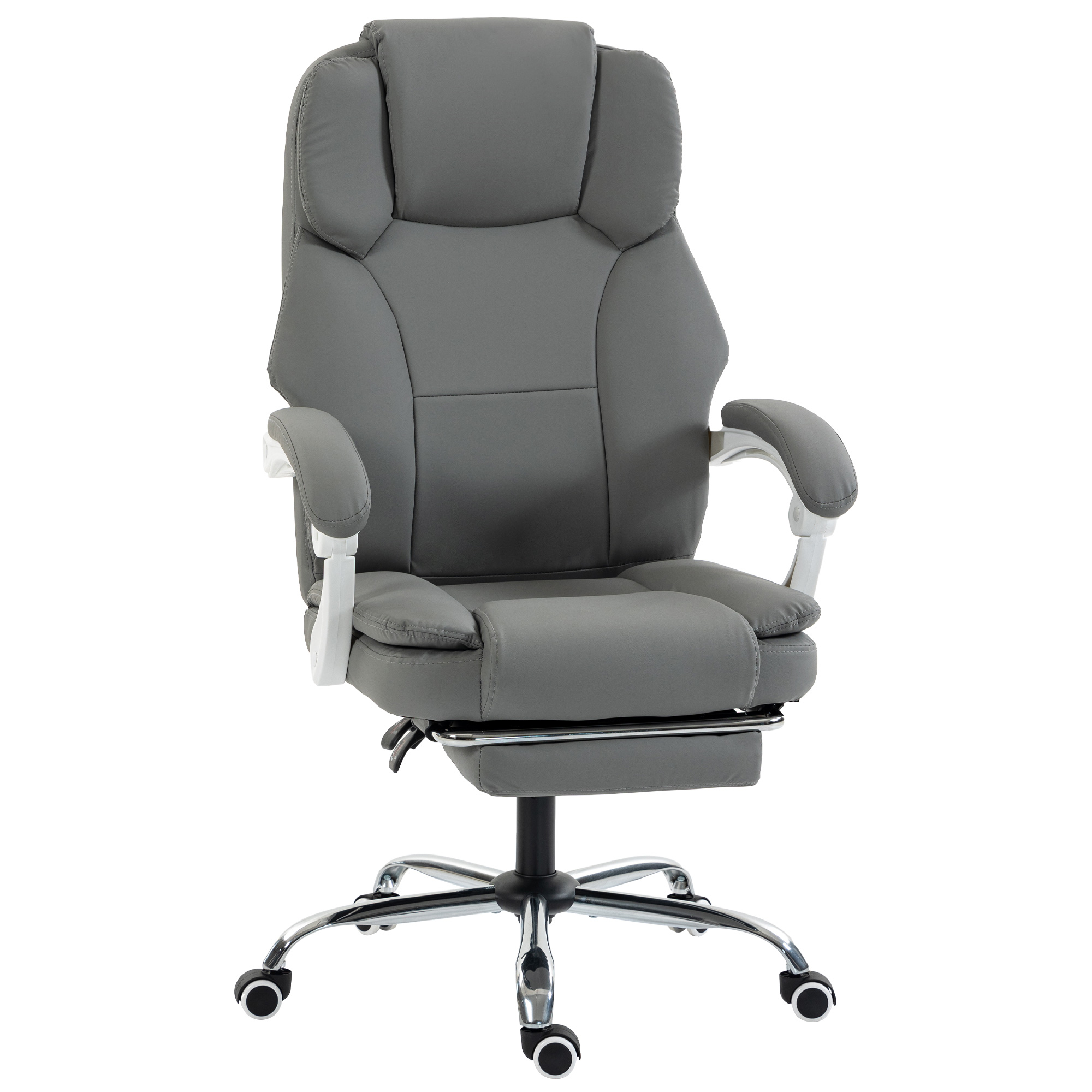 HOMCOM Ergonomischer Bürostuhl, Neigbarer Bürostuhl mit haustierfreundlichem Kunstleder, Höhenverstellbar, Hohe Rückenlehne, Fußstütze, Dicke Polsterung, 360°-Drehung, Grau Aosom