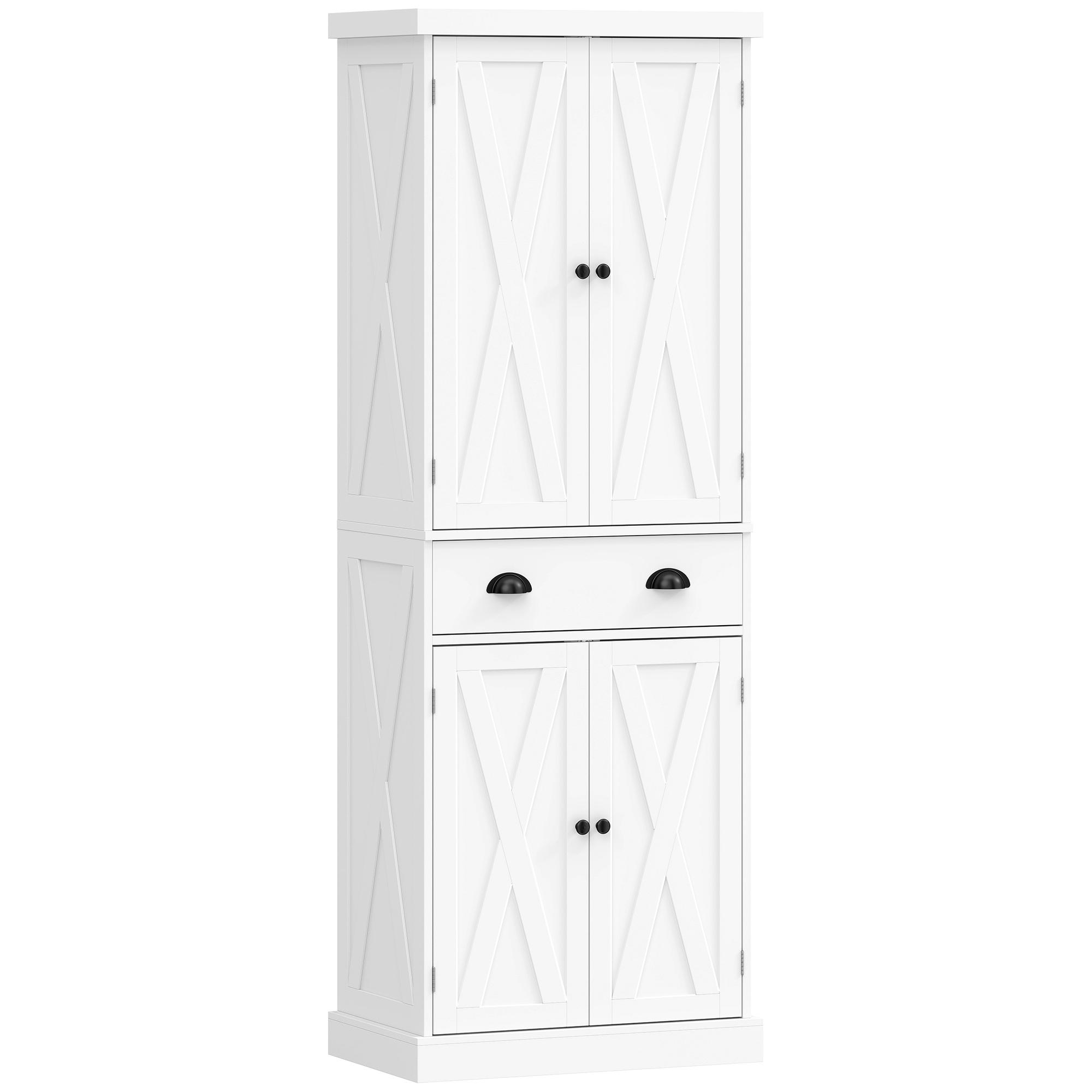 HOMCOM Hoher Küchenschrank, Küchenschrank, Vitrinenschrank mit 4 Türen, Schublade und verstellbaren Regalen, rustikaler Stil, Aufbewahrungsmöbel für Wohnzimmer, Esszimmer, 62 x 38 x 173 cm, Weiß Aosom