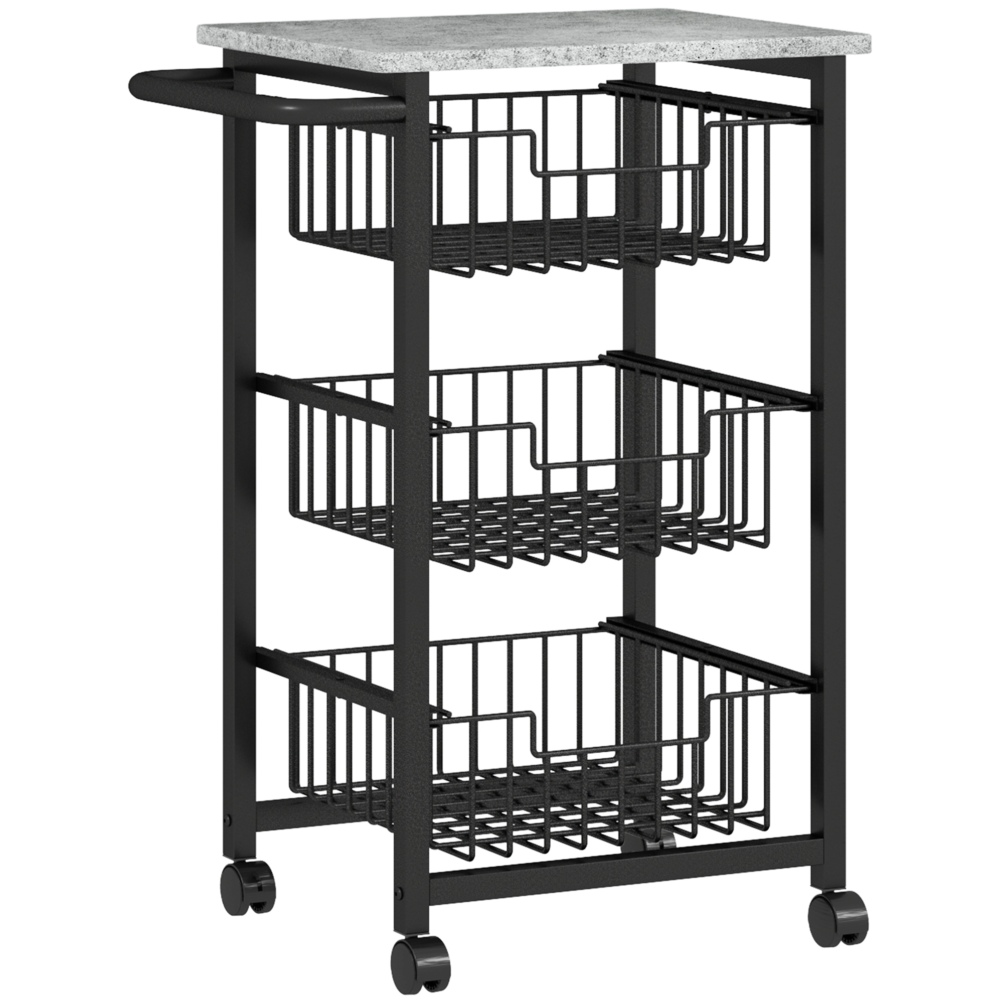 HOMCOM Küchenwagen Servierwagen mit Arbeitsplatte, 3 ausziehbaren Stahlkörben, Rollwagen für Büro, 49,5 x 31 x 69 cm, Hellgrau Aosom