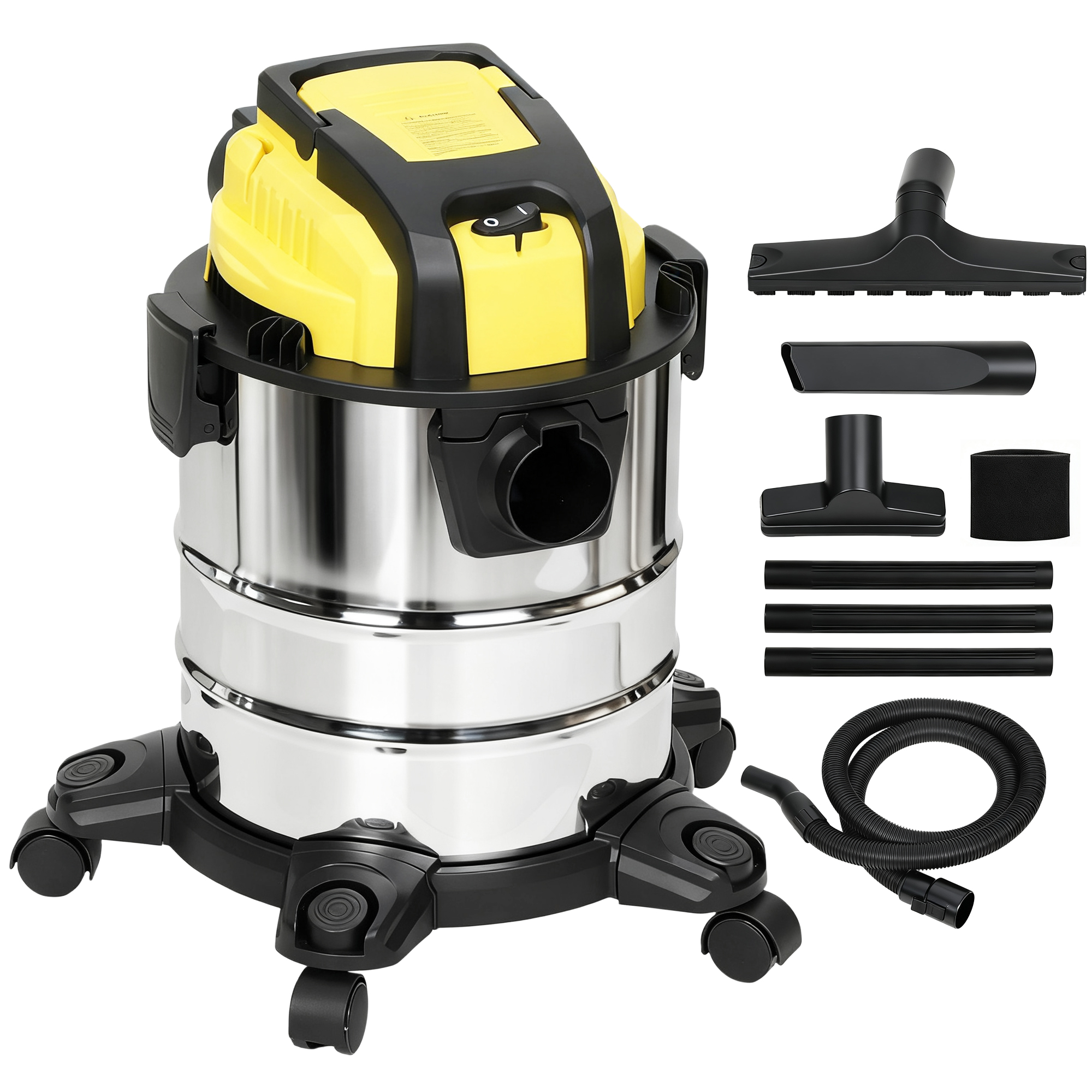HOMCOM 3-in-1 Nass-Trockensauger 1200 W Staubsauger mit 20L Edelstahlbehälter Ø32mm Schlauchsystem Blasfunktion Dreifaches Filtersystem Rollen, Bodenstaubsauger Silber+Gelb Aosom
