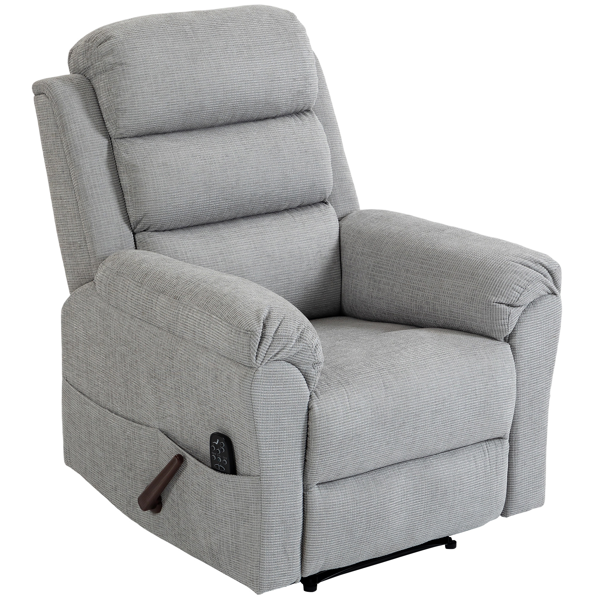 HOMCOM Massagesessel manuell verstellbar 135° beheizbar, 3-stufig verstellbare Kopfstütze, 8 Massagepunkte, gepolsterter Relax-Sessel mit Fußstütze, 4 Seitentaschen, Chenille, Hellgrau   Aosom