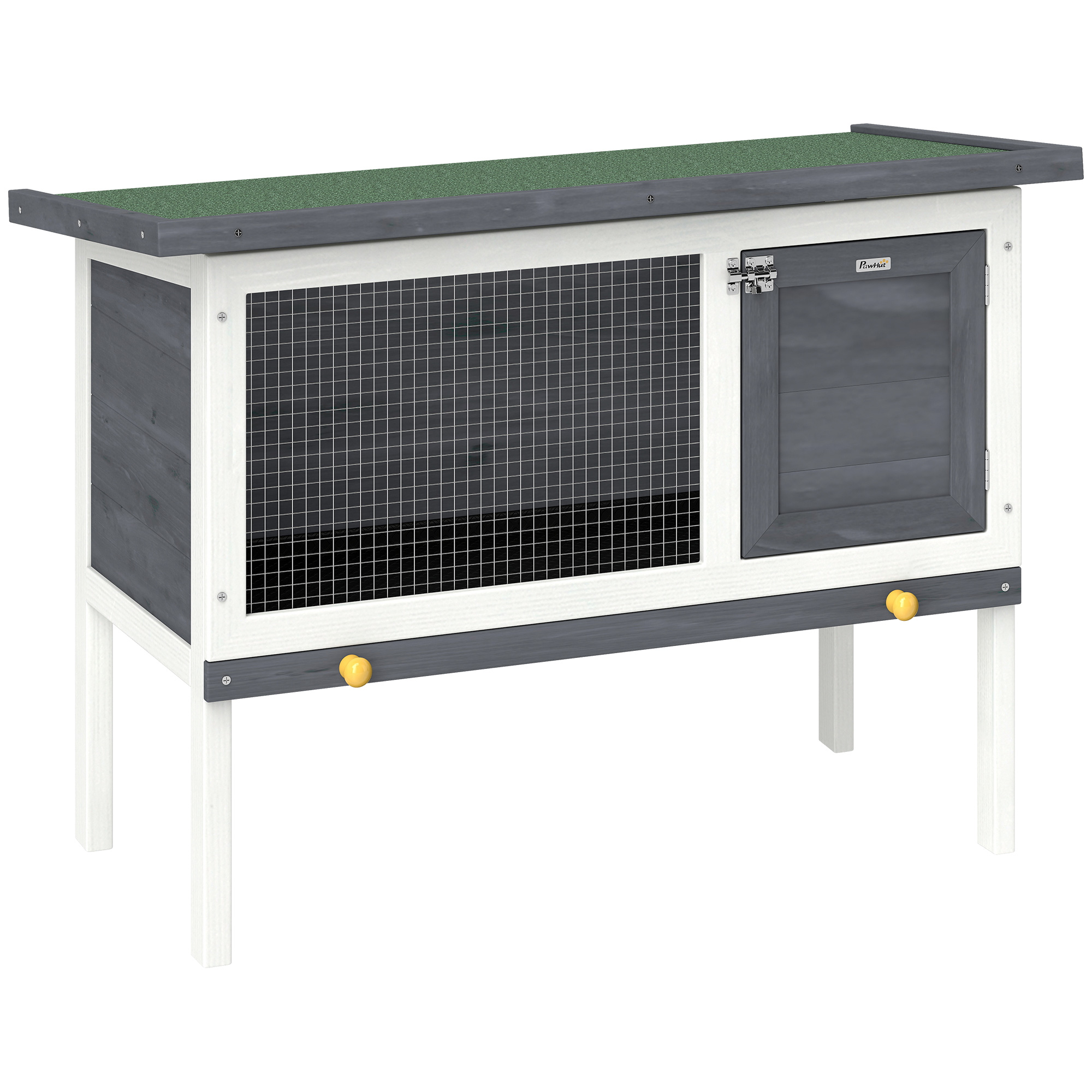 PawHut Hasenstall Kaninchenstall aus Holz 90x45x65 cm erhöhter Kaninchenkäfig mit aufklappbar Bitumendach, herausziehbarer Schublade, Tür, Metallgitter, Hasenkäfig für Kleintiere Outdoor Grau Aosom