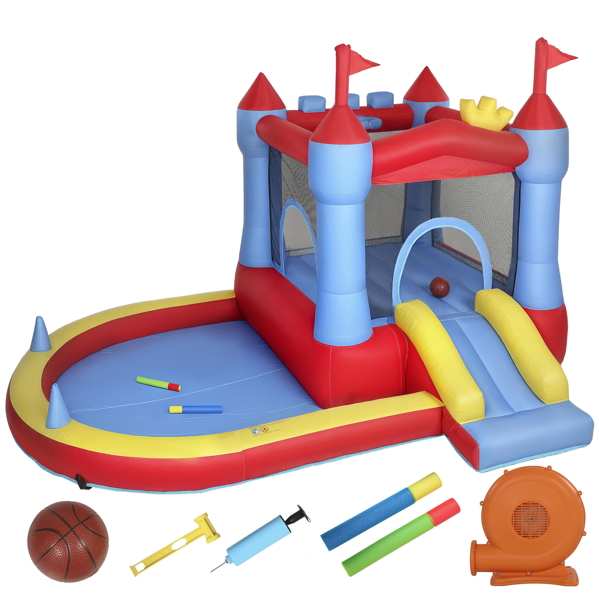 AIYAPLAY Hüpfburg mit Gebläse Aufblasbar Spielcenter mit Rutsche Trampolin Planschbecken/Bällebad Basketballkorb Wasserpistole Bouncy Castle für 3-8 Jahre Kinder für Indoor & Outdoor 342x255x209 cm Aosom
