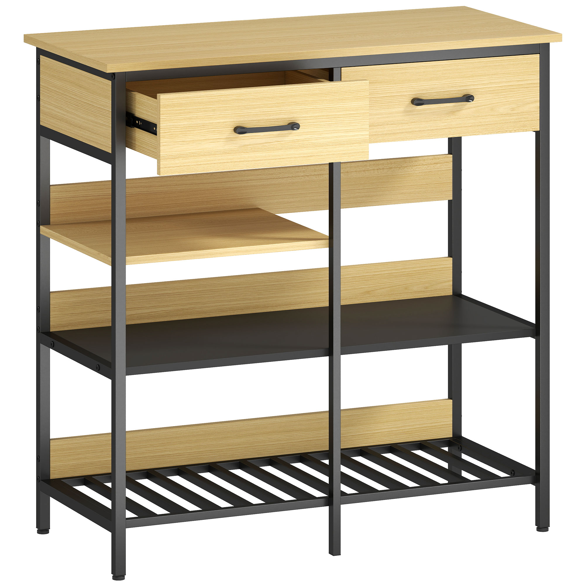 HOMCOM Sideboard, Kommode mit 2 Schubladen, 3 offenen Regalen, Küchenschrank Buffetschrank Aufbewahrungsschrank für Küche, Wohnzimmer, Esszimmer, 90x40x91 cm, Naturholz Aosom
