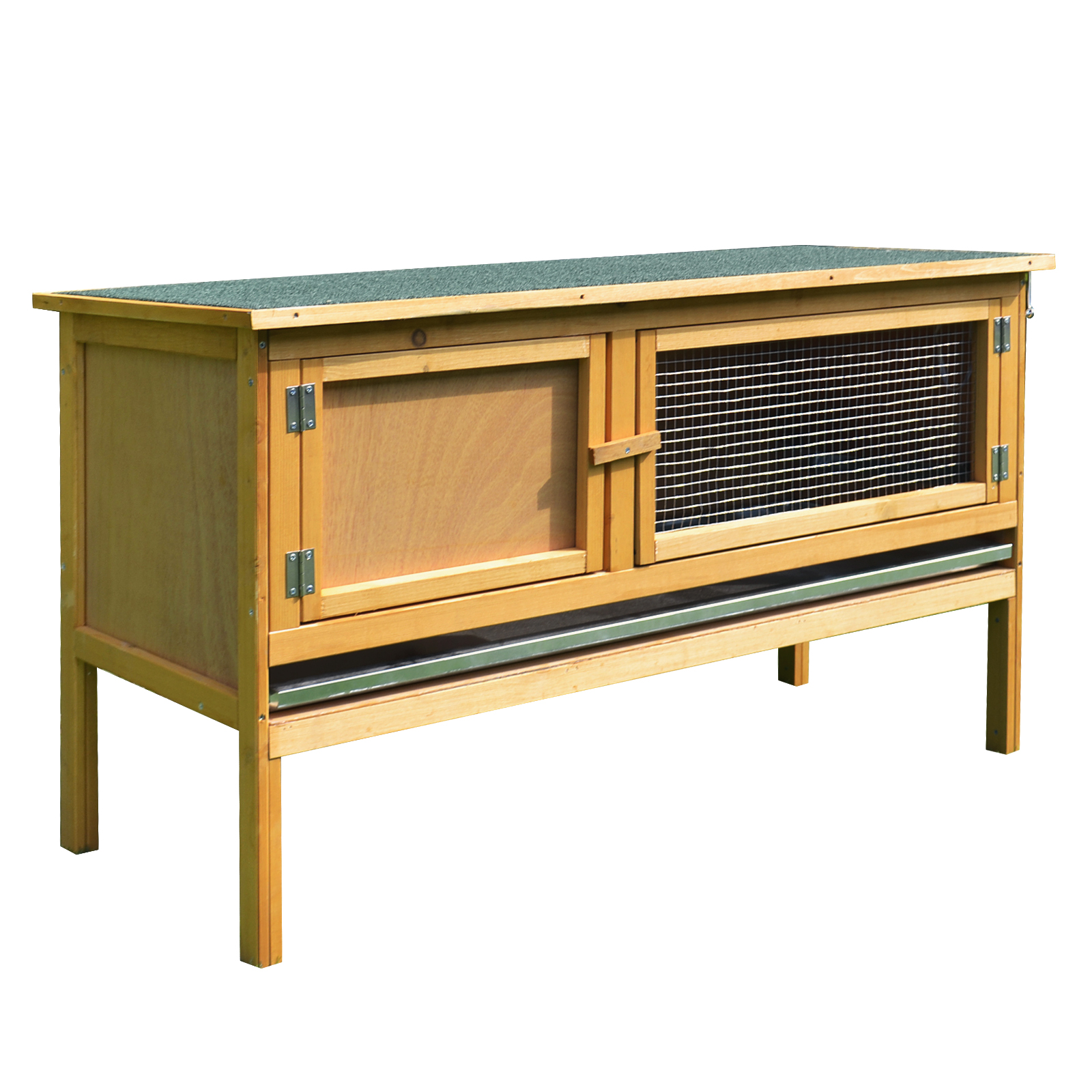 PawHut Hasenstall Kaninchenstall aus Holz 115x44,3x65 cm Kaninchenkäfig mit aufklappbarem Dach, 2 Türen, auslaufsicherer Schale, Hasenkäfig für Kaninchen, Hühner, Enten Outdoor Hellgelb Aosom