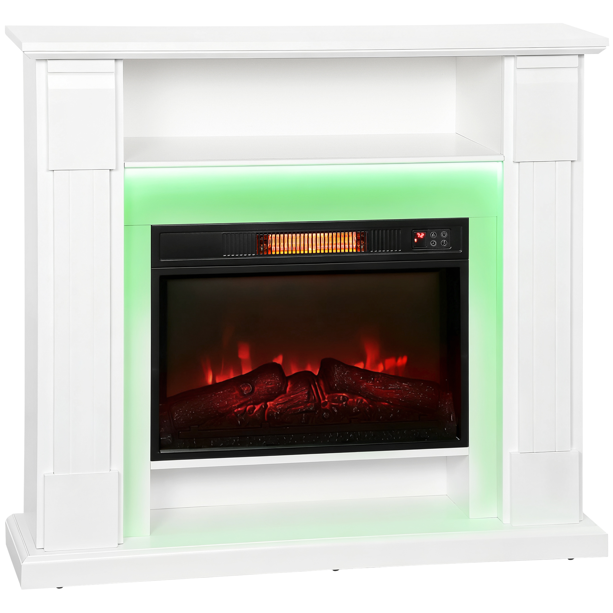 HOMCOM Elektrokamin mit Heizung, Elektrischer Kamin mit RGB LED Flammeneffekt, 3 Helligkeitsstufen, 1800W Dekokamin mit Regal, Fernbedienung, Timer, Überhitzungsschutz Weiß Aosom