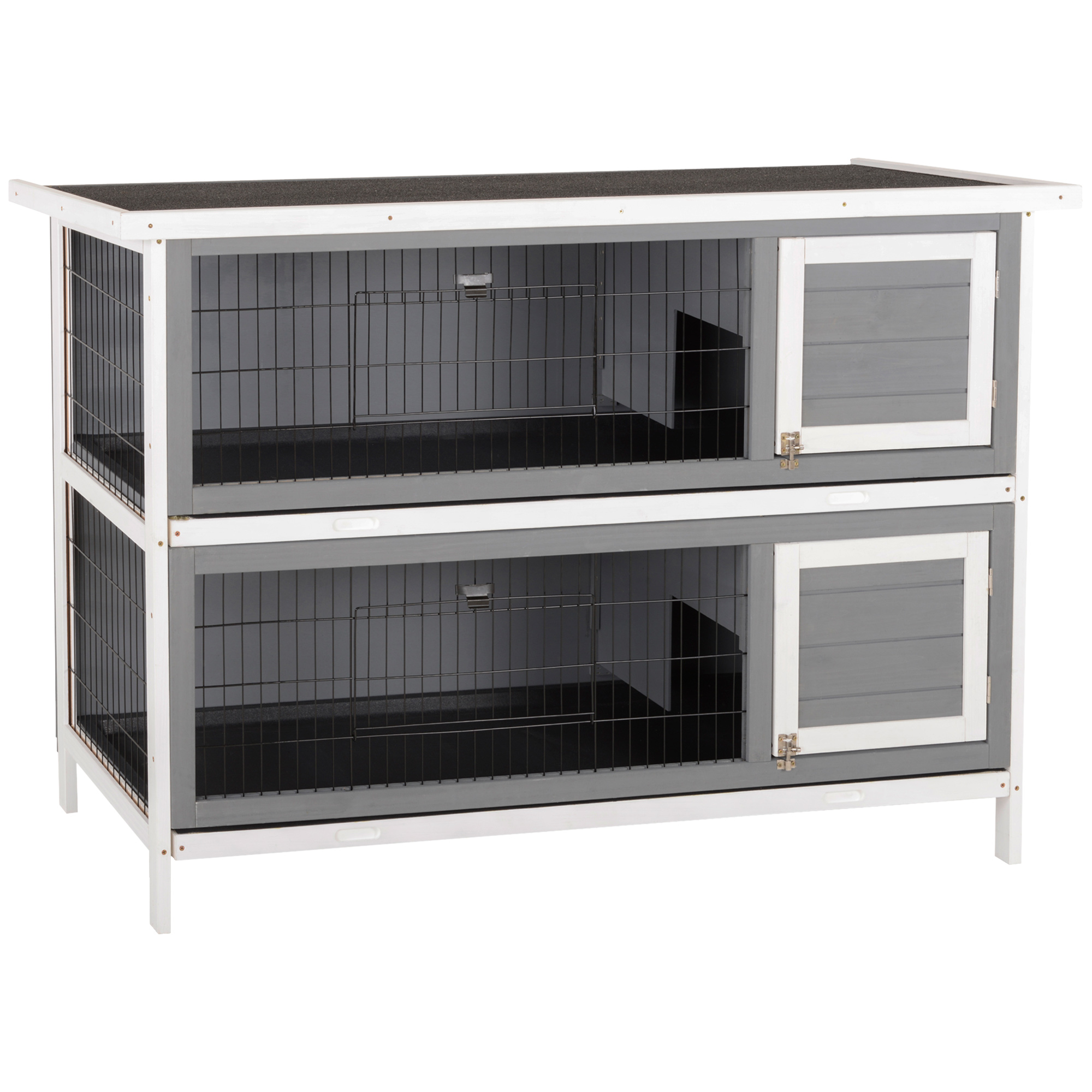 PawHut Hasenstall 2 Ebenen Kaninchenstall aus Vollholz Winterfest Doppelstockhaus mit Bodenwannen 136,4 x 50 x 93 cm Kaninchenkäfig Kleintierstall für Kleintiere Kaninchen Indoor Outdoor Grau Aosom