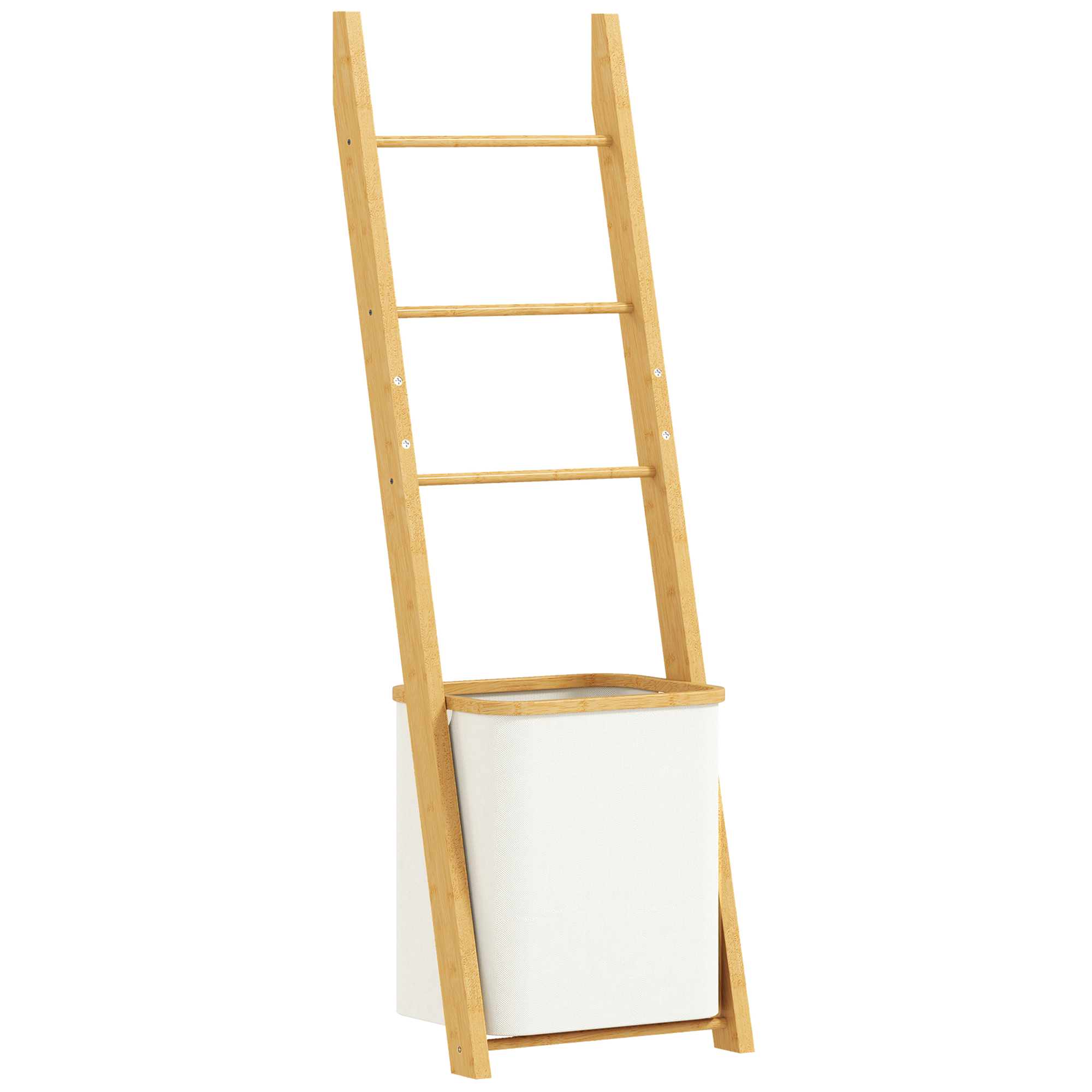HOMCOM Badregal, 2-in-1 Badezimmerregal mit 3 Stangen, Standregal mit abnehmbarer 48L-Wäschekorb Aufbewahrungsregal aus Bambus für Wohnzimmer, Badezimmer, Cremeweiß, 43 x 35 x 133 cm Aosom