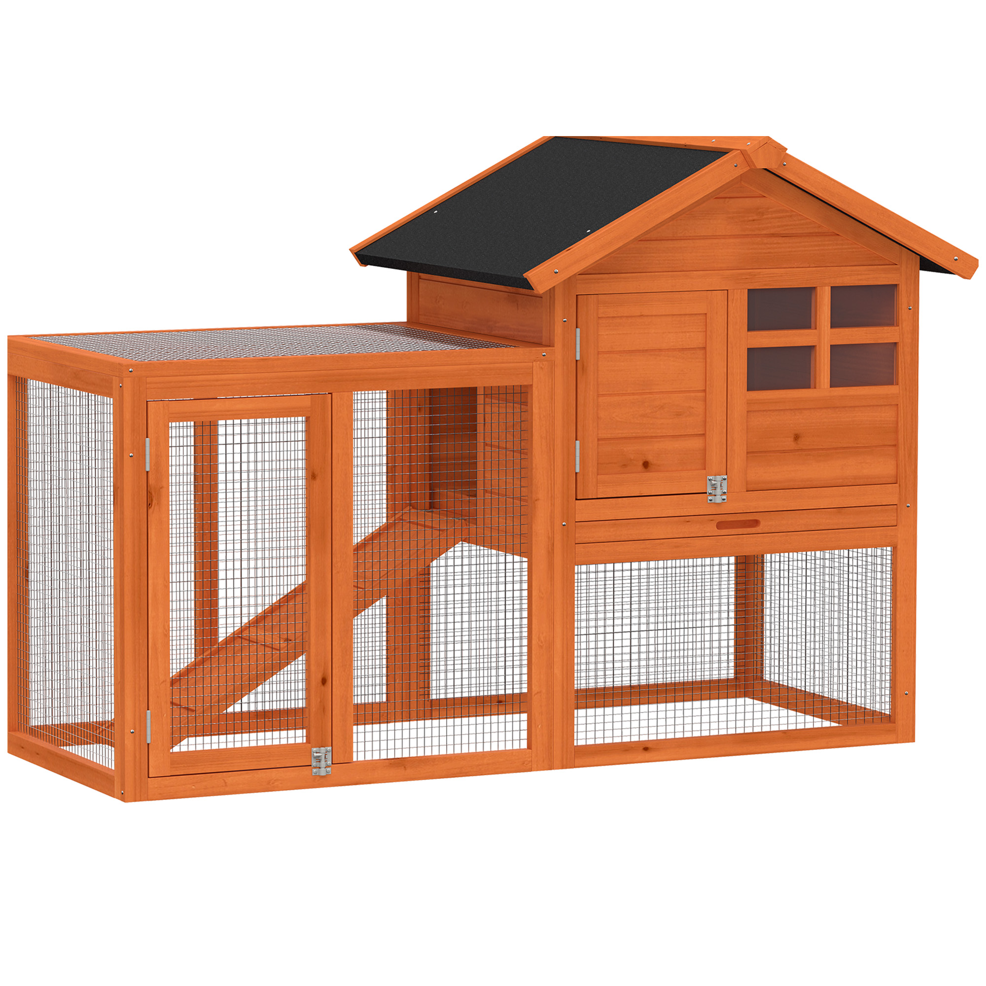 PawHut Hasenstall 2 Etagen Kaninchenstall aus Holz 123,5x62,6x92,5 cm Kaninchenkäfig mit wasserdichtem Bitumendach, Freilaufgehege, Rampe, Türen, Hasenkäfig für Kaninchen Hühner Enten Outdoor Orange Aosom