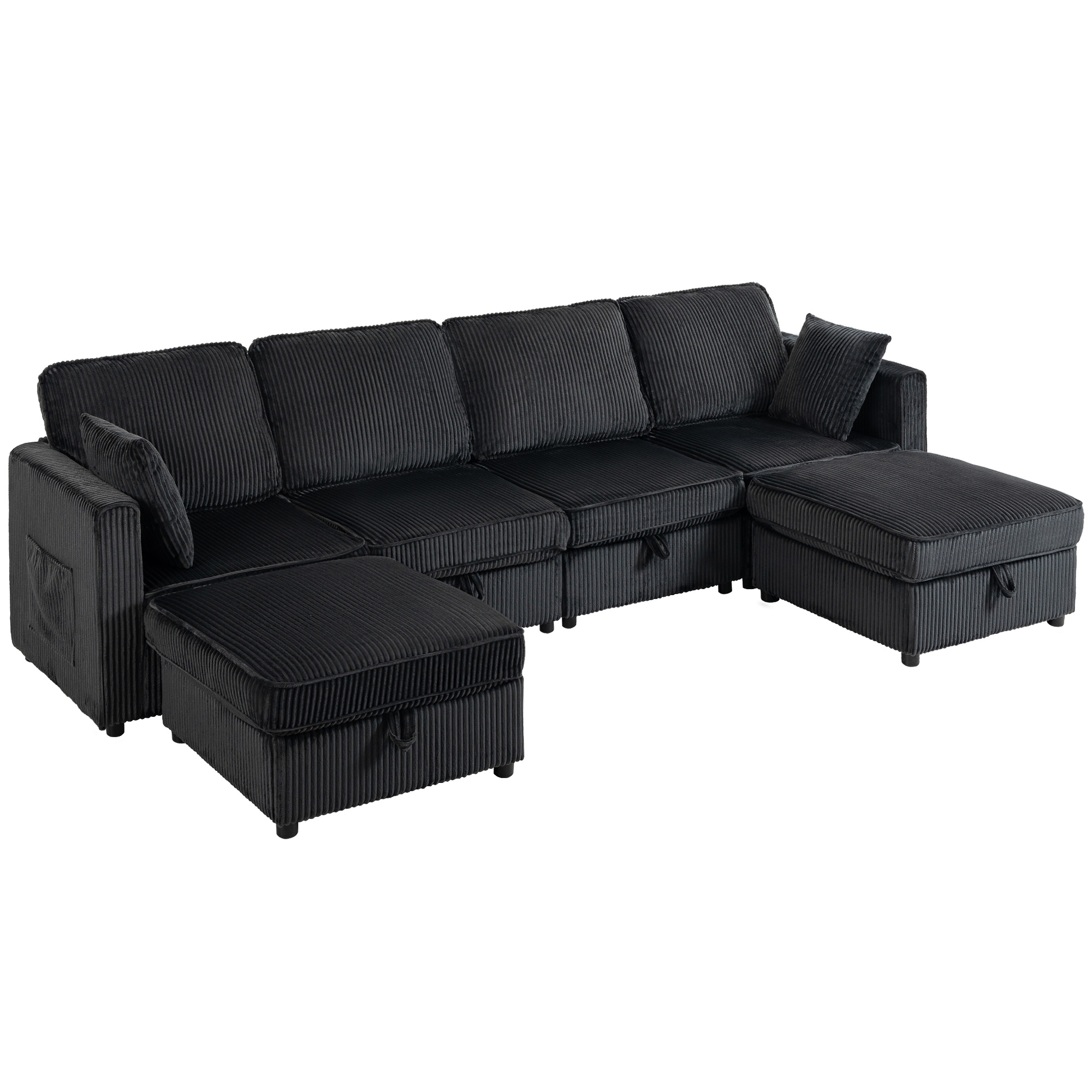 HOMCOM Ecksofa 4-Sitzer U-Form Sofa mit Stauraum-Ottomane, 306 cm Eckcouch mit Cord-Optik, 4 Kissen, für Wohnzimmer, Schlafzimmer, Dunkelgrau Aosom