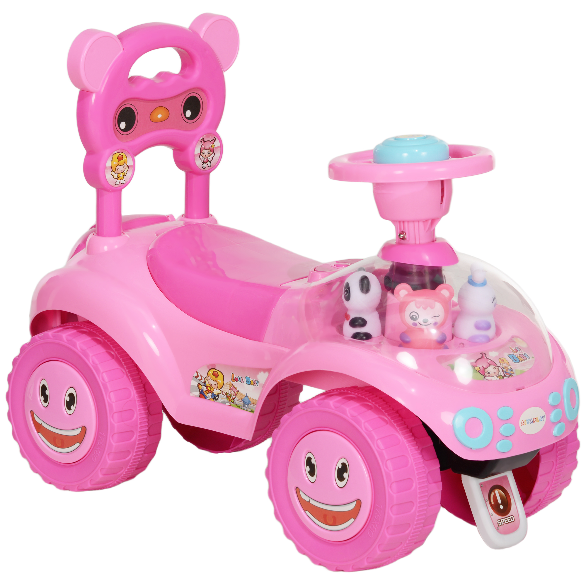 AIYAPLAY Rutschauto für Kinder, Schiebefahrzeug ohne Pedale mit Hupe, Licht, Musik, Lenkrad, Stauraum unter dem Sitz, Fördert die Motorik Ihres Kindes, 18–36 Monate, Rosa Aosom