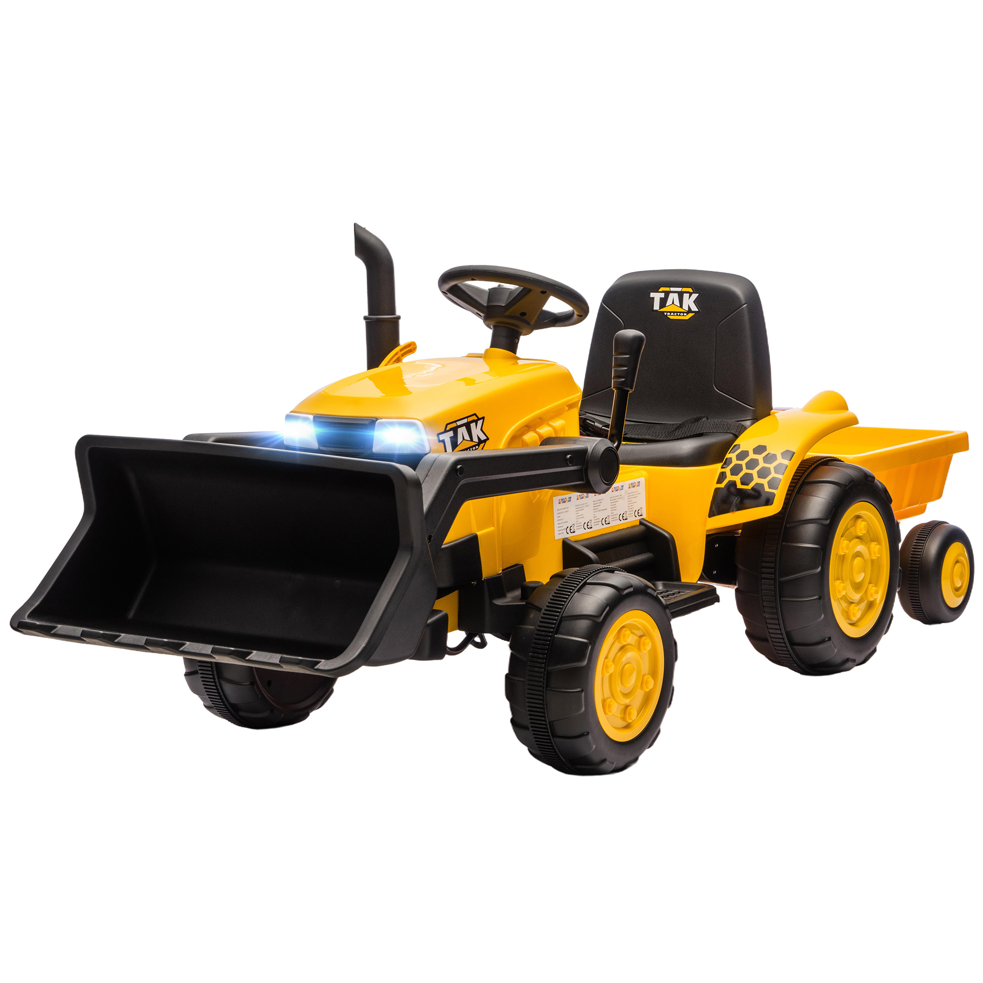 AIYAPLAY Kinder Elektro Bagger mit Anhänger, Schaufel, 12V Aufsitzbagger mit Fernbedienung 2 Motor Kinder Elektroauto mit Musik, LED-Lichter, USB, Sitzbagger für 3-8 Jahre, Gelb Aosom