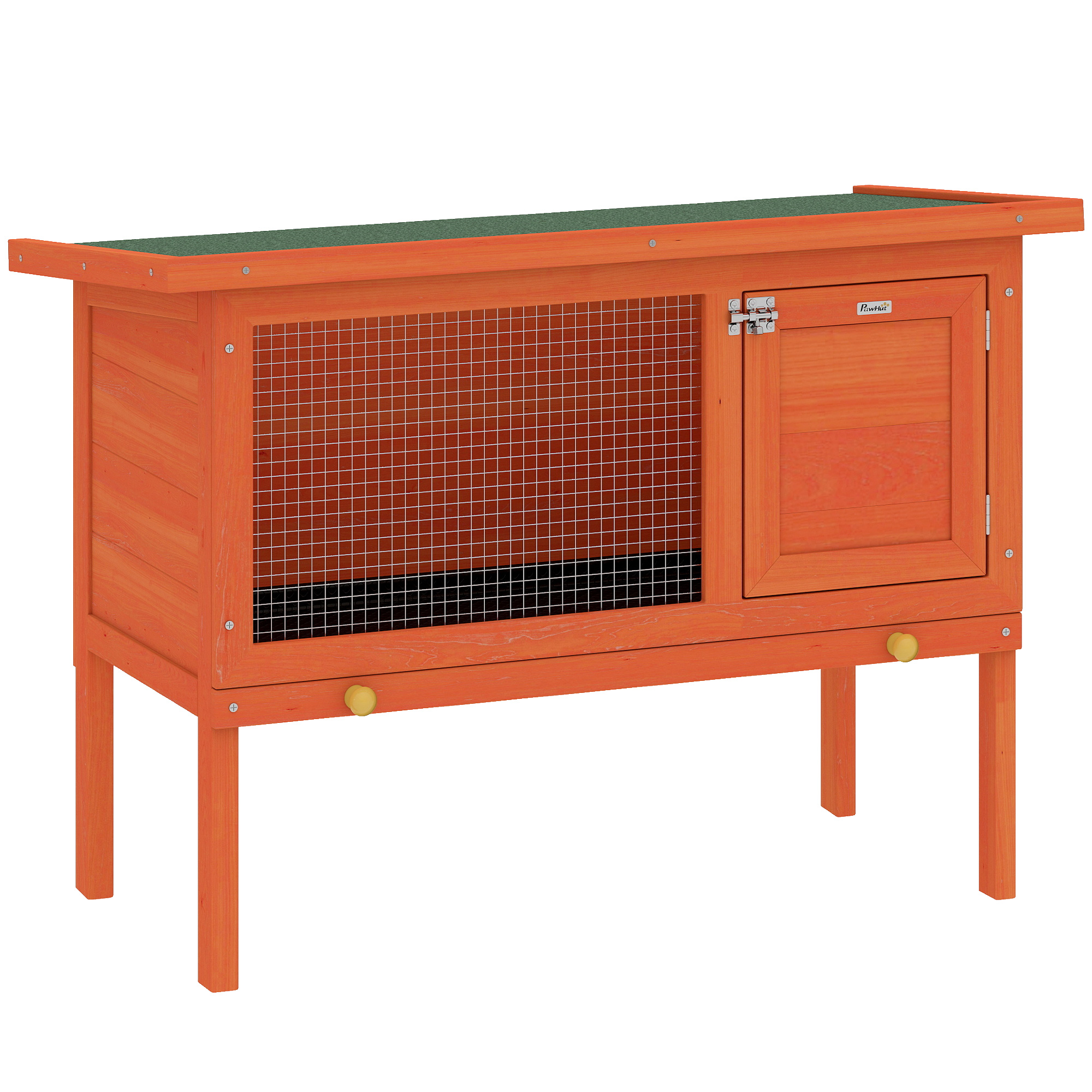 PawHut Hasenstall Kaninchenstall aus Holz 90x45x65 cm erhöhter Kaninchenkäfig mit aufklappbar Bitumendach, herausziehbarer Schublade, Tür, Metallgitter, Hasenkäfig für Kleintiere Outdoor Orange Aosom