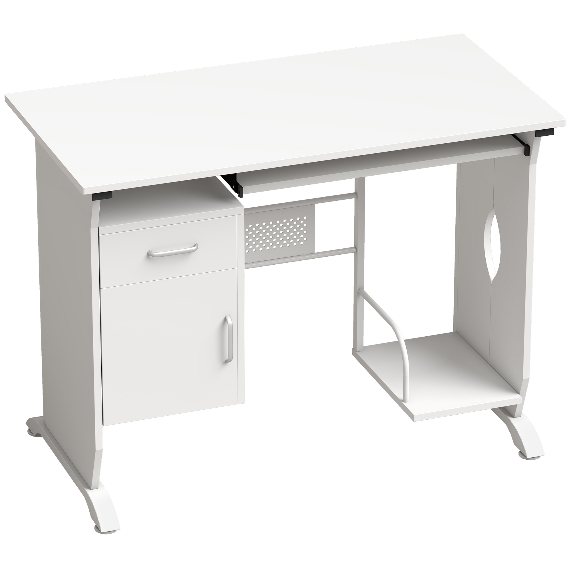 HOMCOM Computerschreibtisch, 100 x 52 x 75 cm, Schreibtisch mit ausziehbarer Tastaturablage, Schubladen und Halter für Zentraleinheit, Computertisch zum Lernen, weiß   Aosom