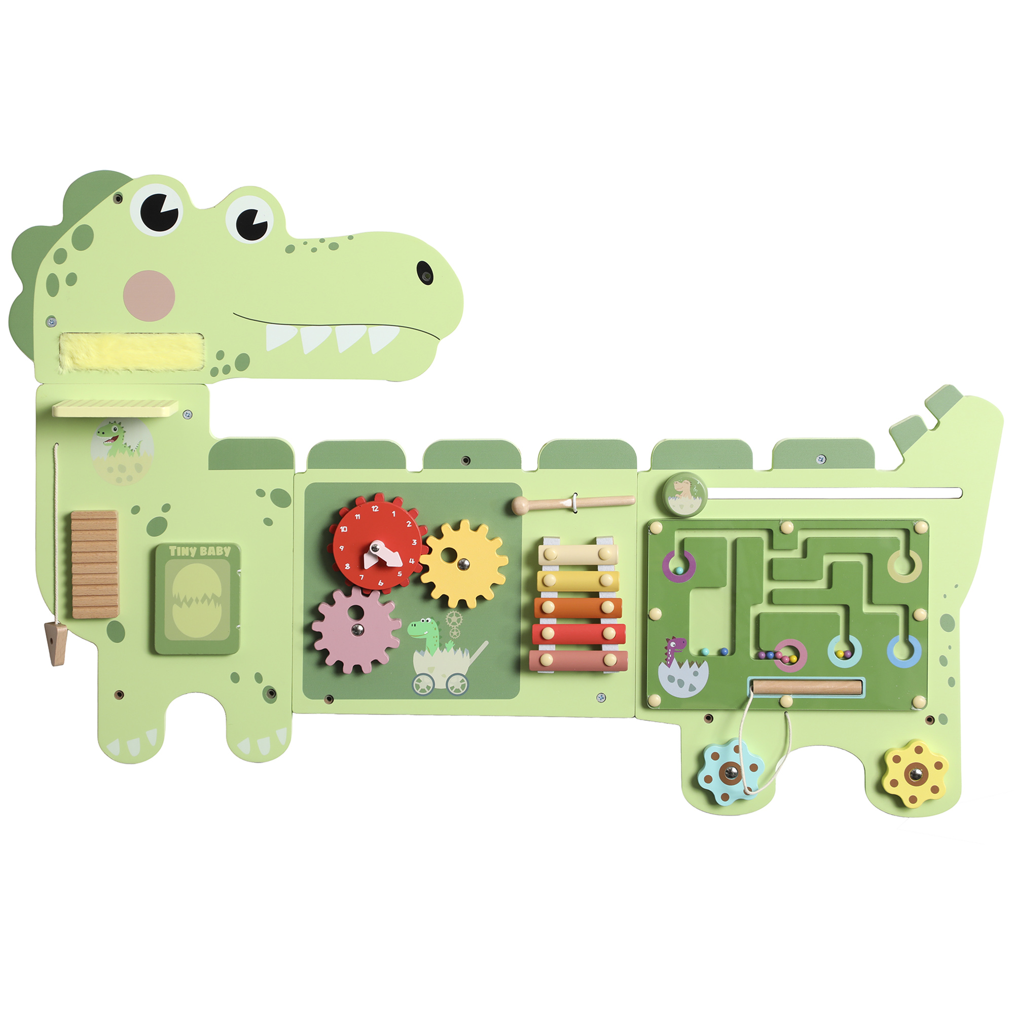 AIYAPLAY Montessori Motorikbrett Holz Busy Board Dinosaurier Wandmontiertes Activity Board Spielzeug mit Xylophon Uhr Zahnrädern Klangstäbe Frühes Lernspielzeug für Kinder Mädchen ab 2 Jahr Aosom