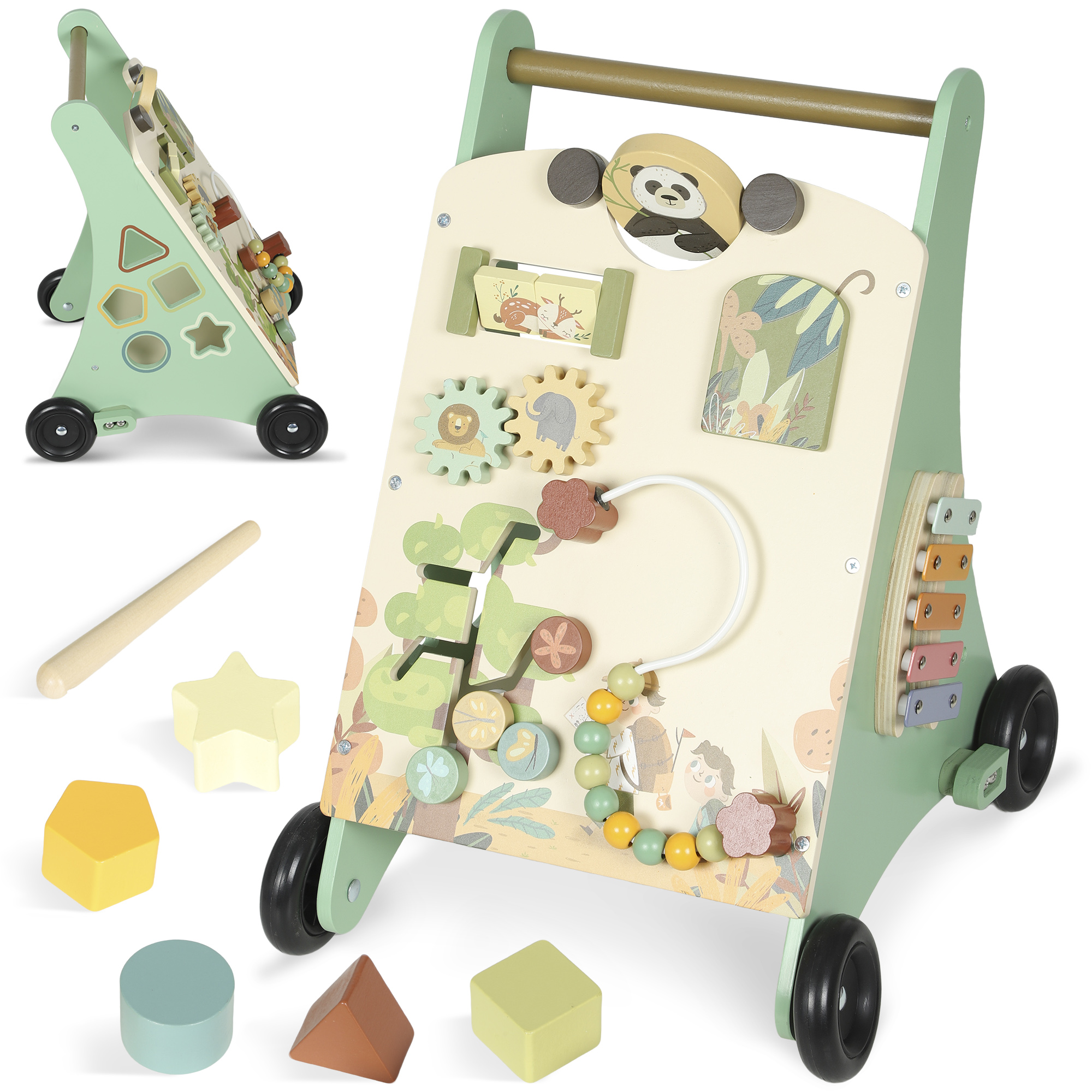 AIYAPLAY Lauflernwagen Holz, Montessori Lauflernhilfe mit Geschwindigkeitskontrolle, Xylophon, Zahnrädern und Perlenlabyrinth, Lauflernspielzeug für Kinder ab 18 Monaten, Grün   Aosom