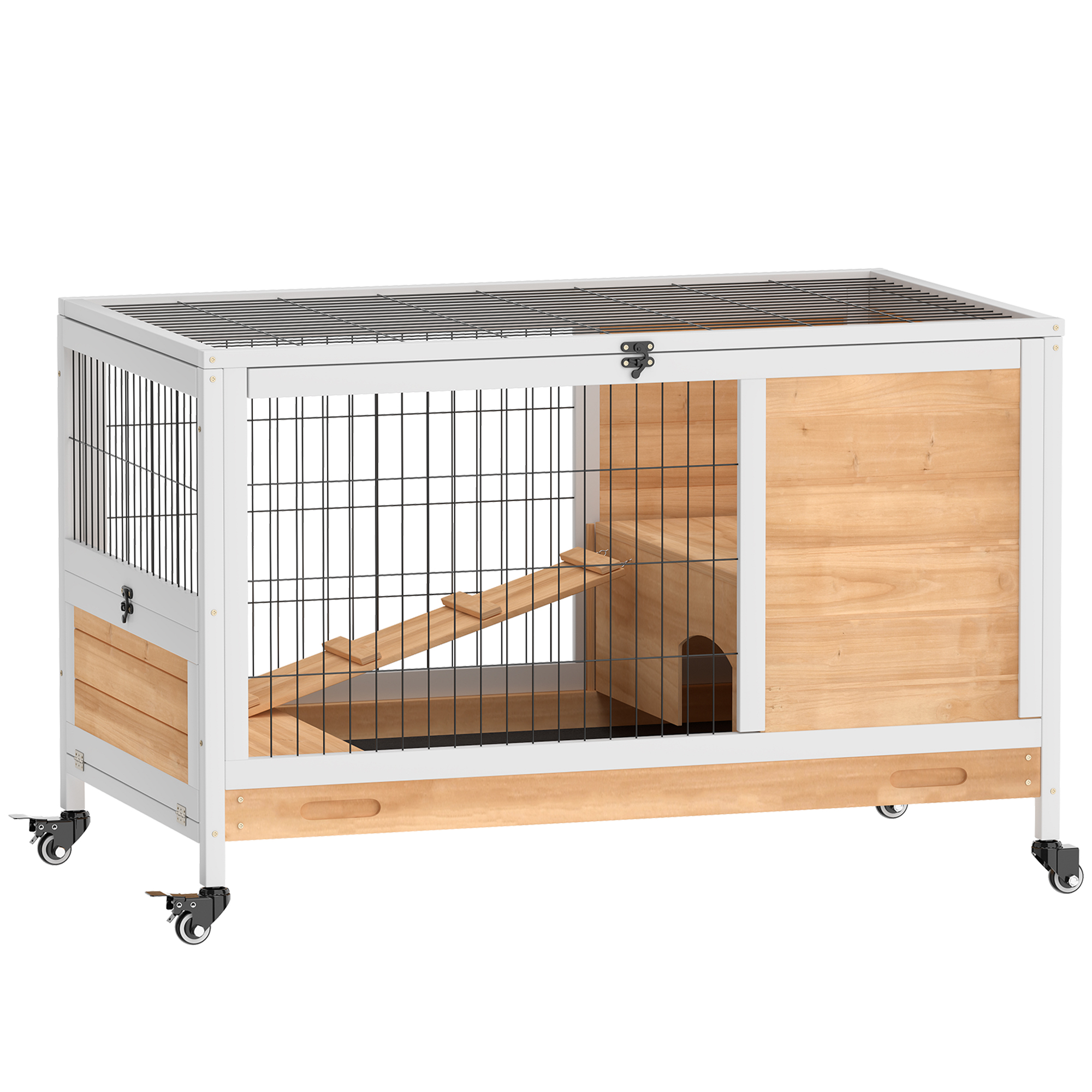 PawHut Kaninchenstall aus Holz Hasenstall mit 2 Etagen Klappdach Rädern Zwei Eingängen Rampe Ausziehbarem Tablett Meerschweinchenstall Kleintierstall für drinnen 90 x 53 x 59 cm Gelb Aosom