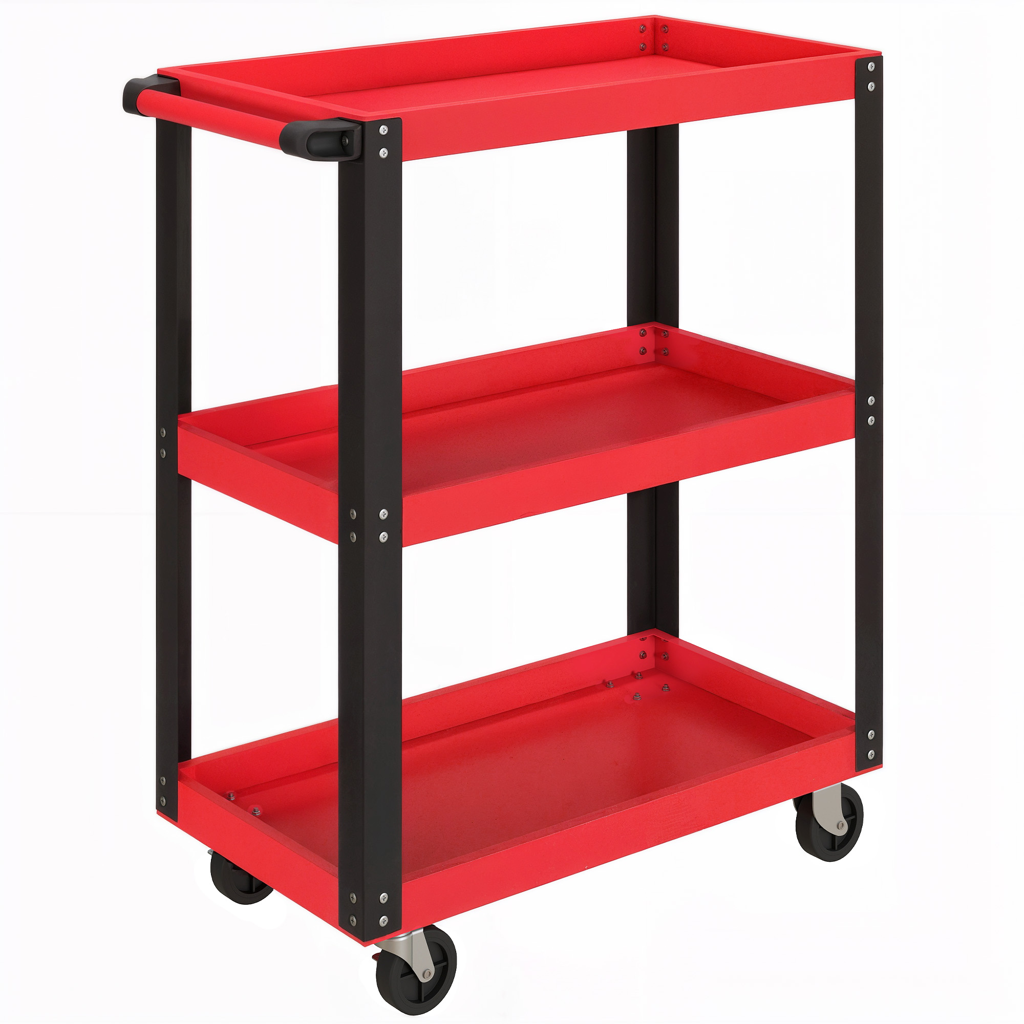 HOMCOM Werkstattwagen mit 3 Etagen, Werkzeugwagen leer, Transportwagen mit seitlicher Griff, 4 Rollen, bis 120 kg Tragkraft, Metall, 70,5 x 35 x 82,5 cm, Rot Aosom