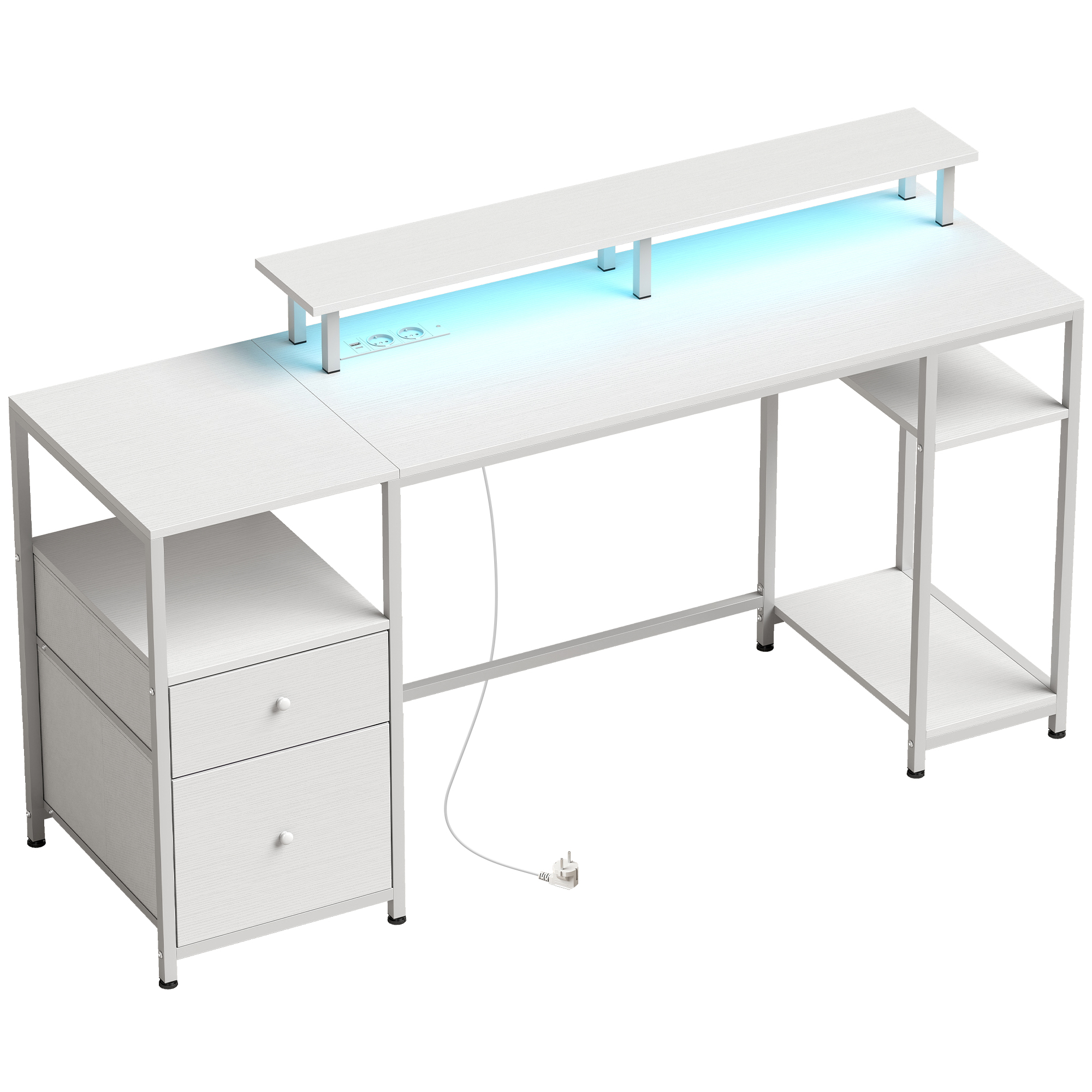 HOMCOM Schreibtisch Computertisch mit LED-Beleuchtung, Regalen, Schubladen, Steckdosen, USB-Ports und Monitorhalter für Büro, Arbeitszimmer 155,5x48x88,5 cm Weiß   Aosom