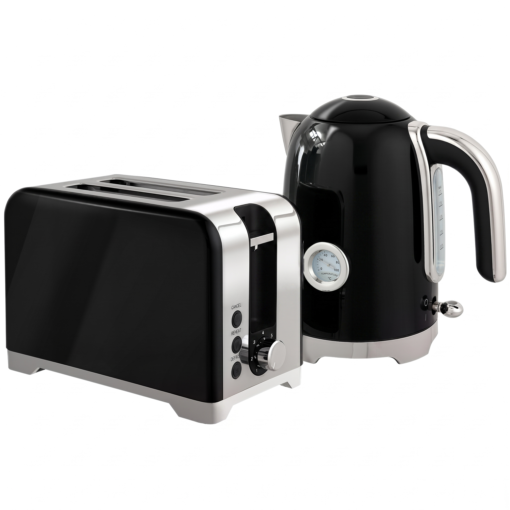 HOMCOM Wasserkocher und Toaster Set, 2200 W, 1,7 L Edelstahl Wasserkocher mit Kalkfilter, 2 Scheiben Toaster mit 7 Bräunungsstufen, Thermometer Krümelfach Frühstückset, Schwarz   Aosom