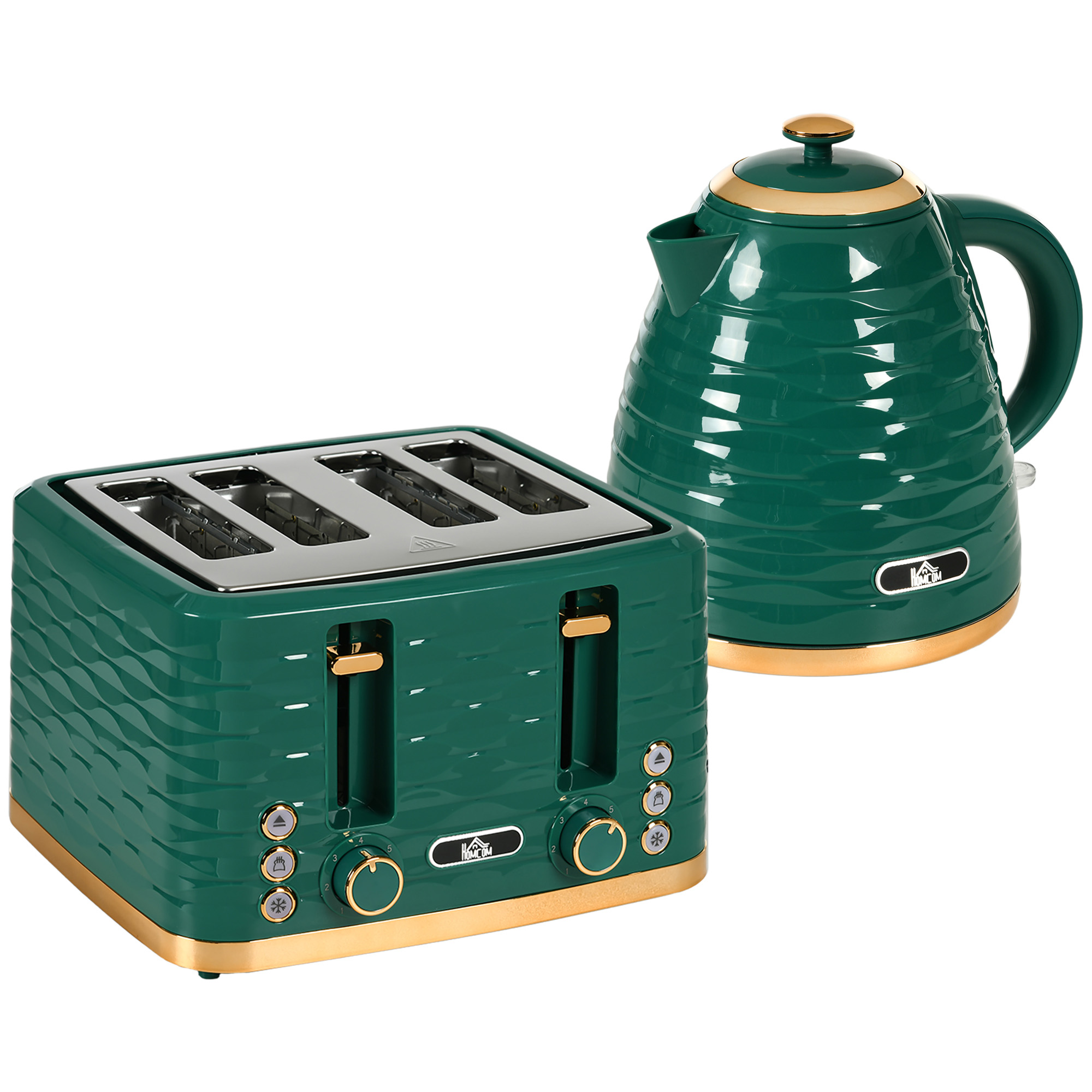 HOMCOM Wasserkocher und Toaster Set, 2200 W, 1,7 l Schnellkoch-Wasserkocher & 4-Scheiben-Toaster, 7 Bräunungsstufen, Auftauen, Aufwärmen, Krümelschublade, Grün Aosom