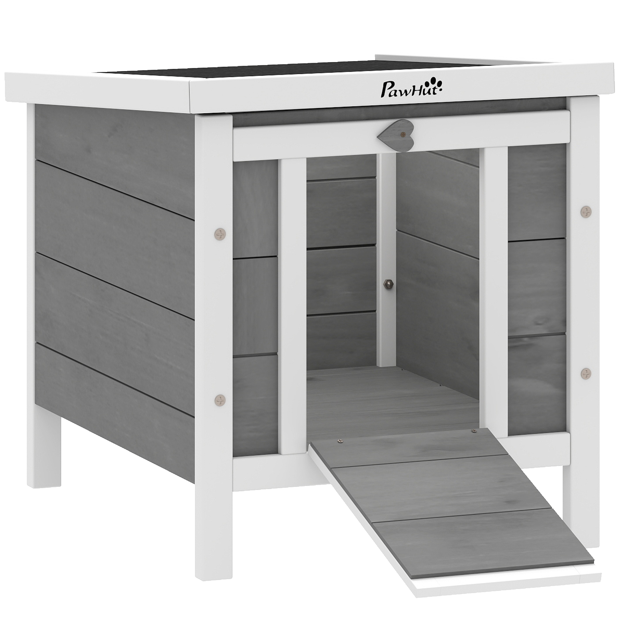 PawHut Kleintierstall Kleintierhaus Kleintierkafig Tierstall mit aufklappbares Asphaltdach Rampe Nagerkäfig Katzenhaus Tannenholz Grau 51 x 42 x 43 cm Aosom