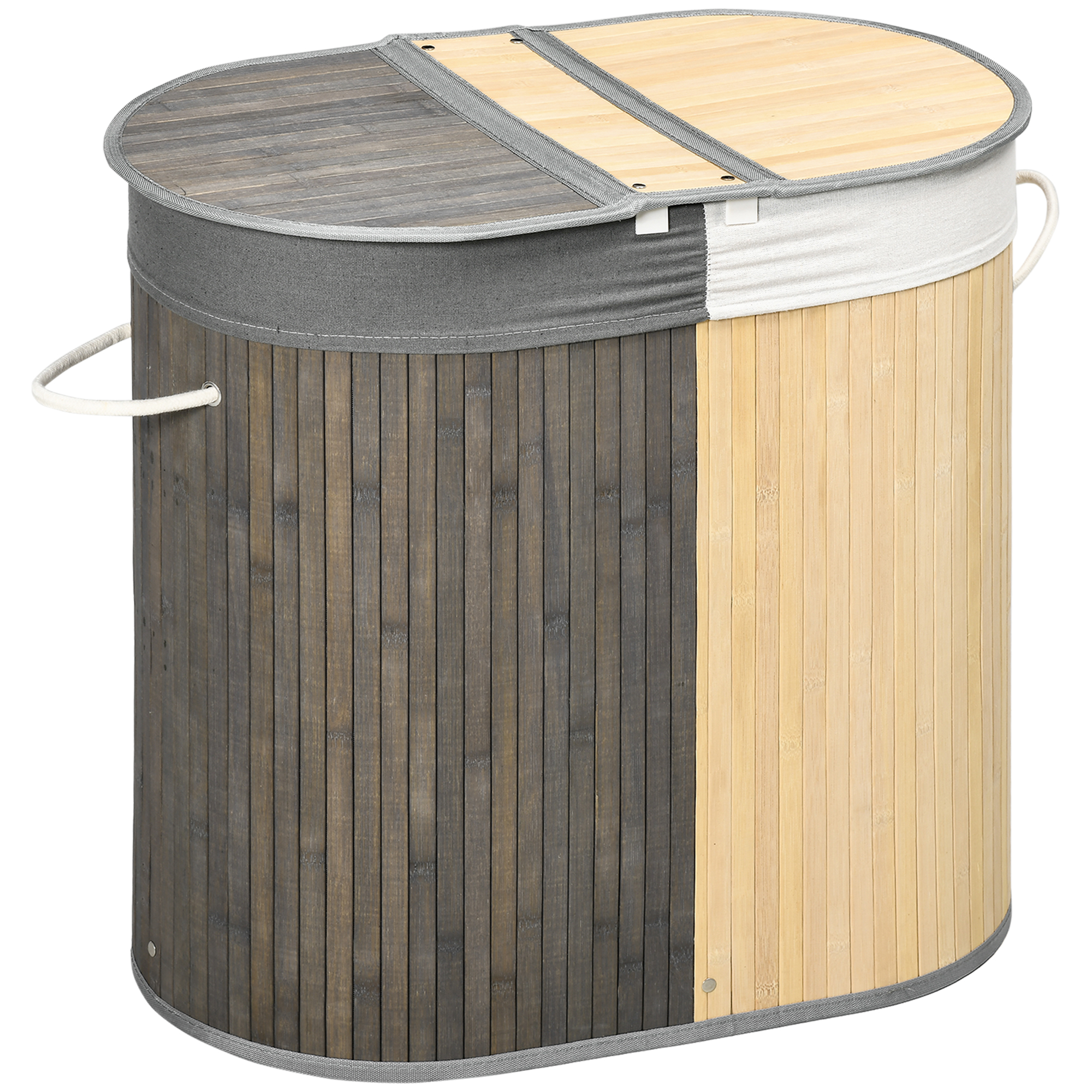 HOMCOM Bambus Wäschekorb mit Deckel 100L Wäschesammler mit Griffen, 2 herausnehmbarer Wäschesack, Wäschesortierer Wäschebox für Waschküche, Badezimmer, Schlafzimmer, Grau+Natur   Aosom