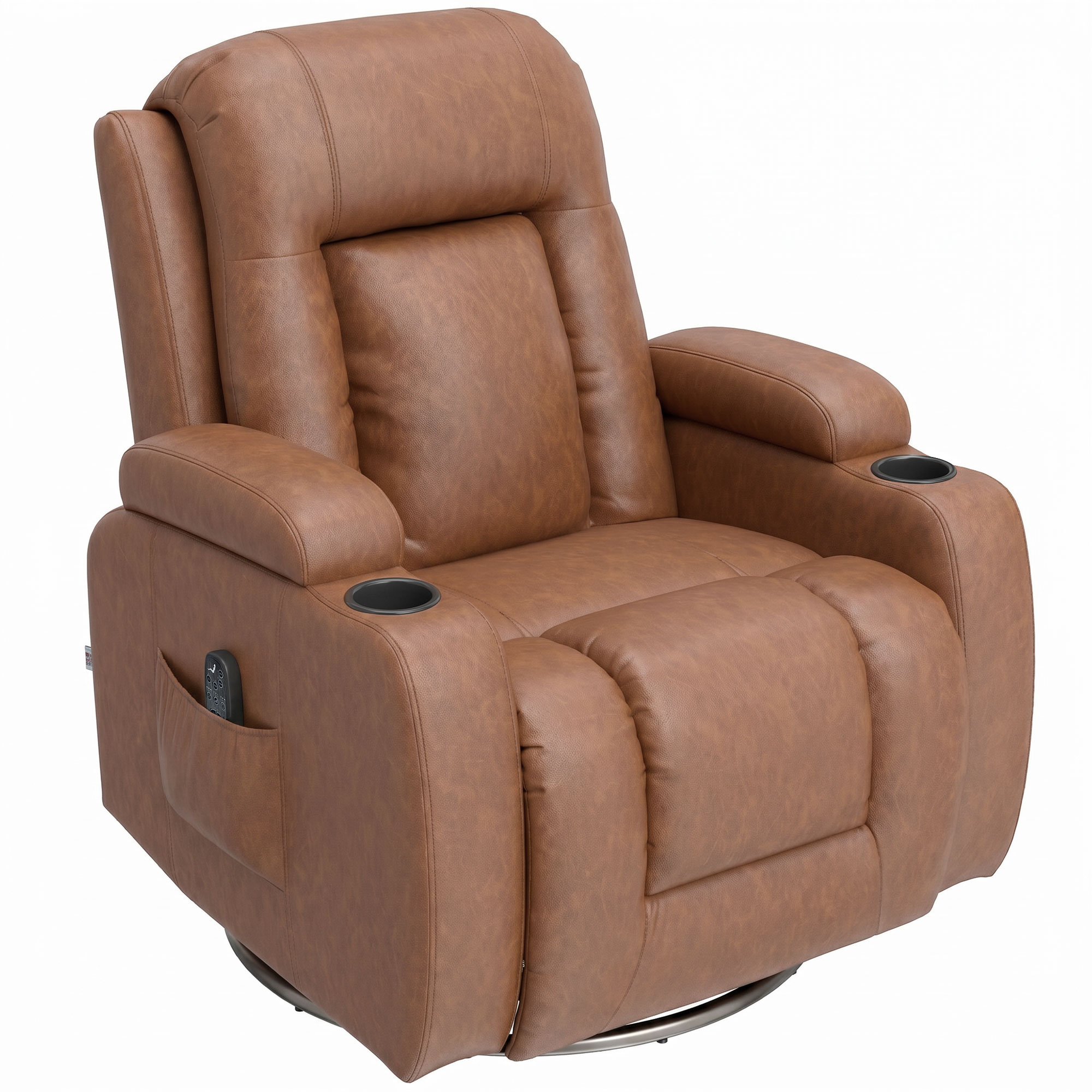 HOMCOM Relaxsessel verstellbar Massagesessel mit Liegefunktion, Heizung, Drehbar Fernsehsessel mit Wippfunktion, Becherhalter, Seitentasche, Timer, Kunstleder für Wohnzimmer Hellbraun Aosom