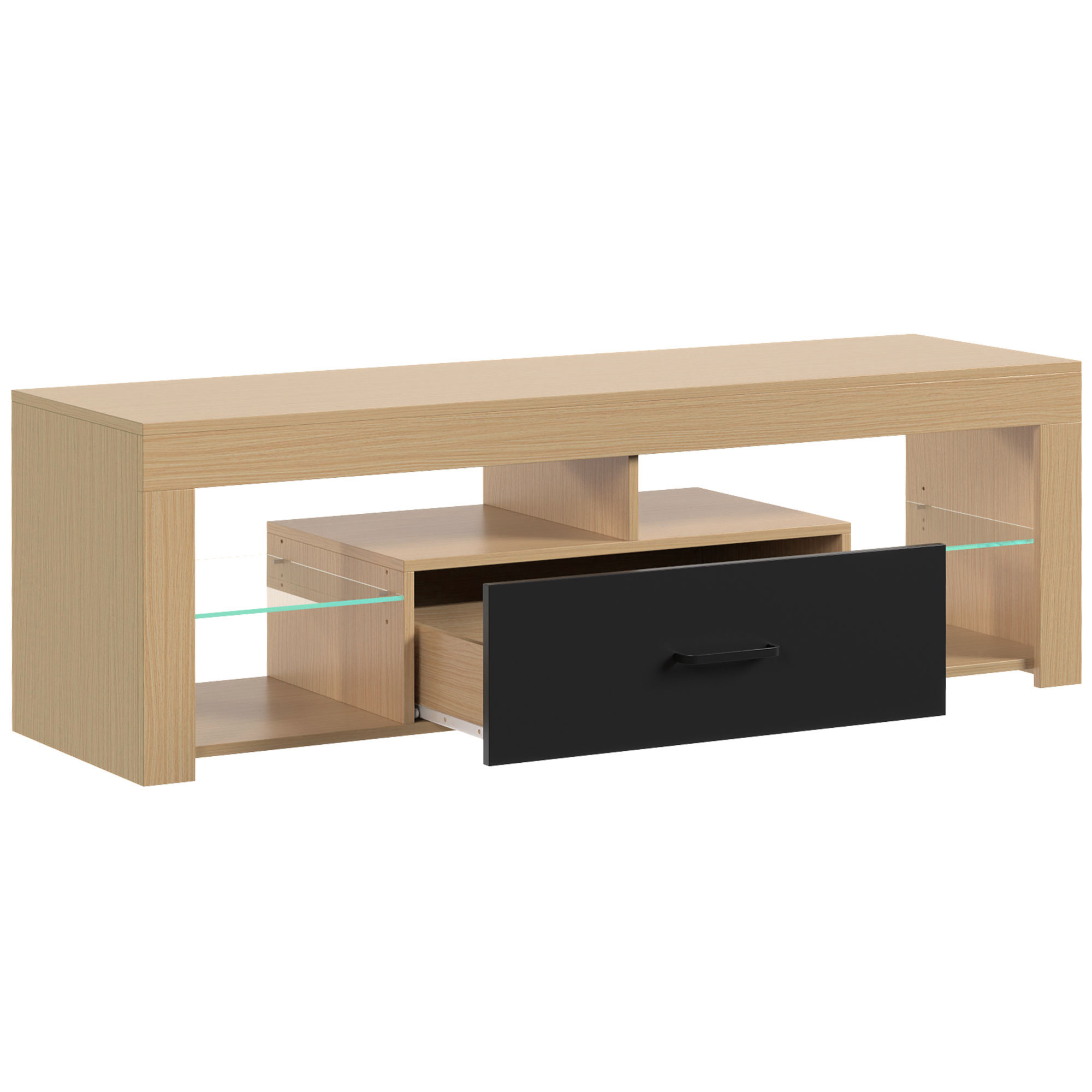 HOMCOM TV Schrank Lowboard mit verstellbaren Glasböden, offenen Fächern und Schublade, TV Board für Fernseher bis 65 Zoll, Fernsehtisch für Wohnzimmer, Eiche, 140 x 40 x 45 cm Aosom