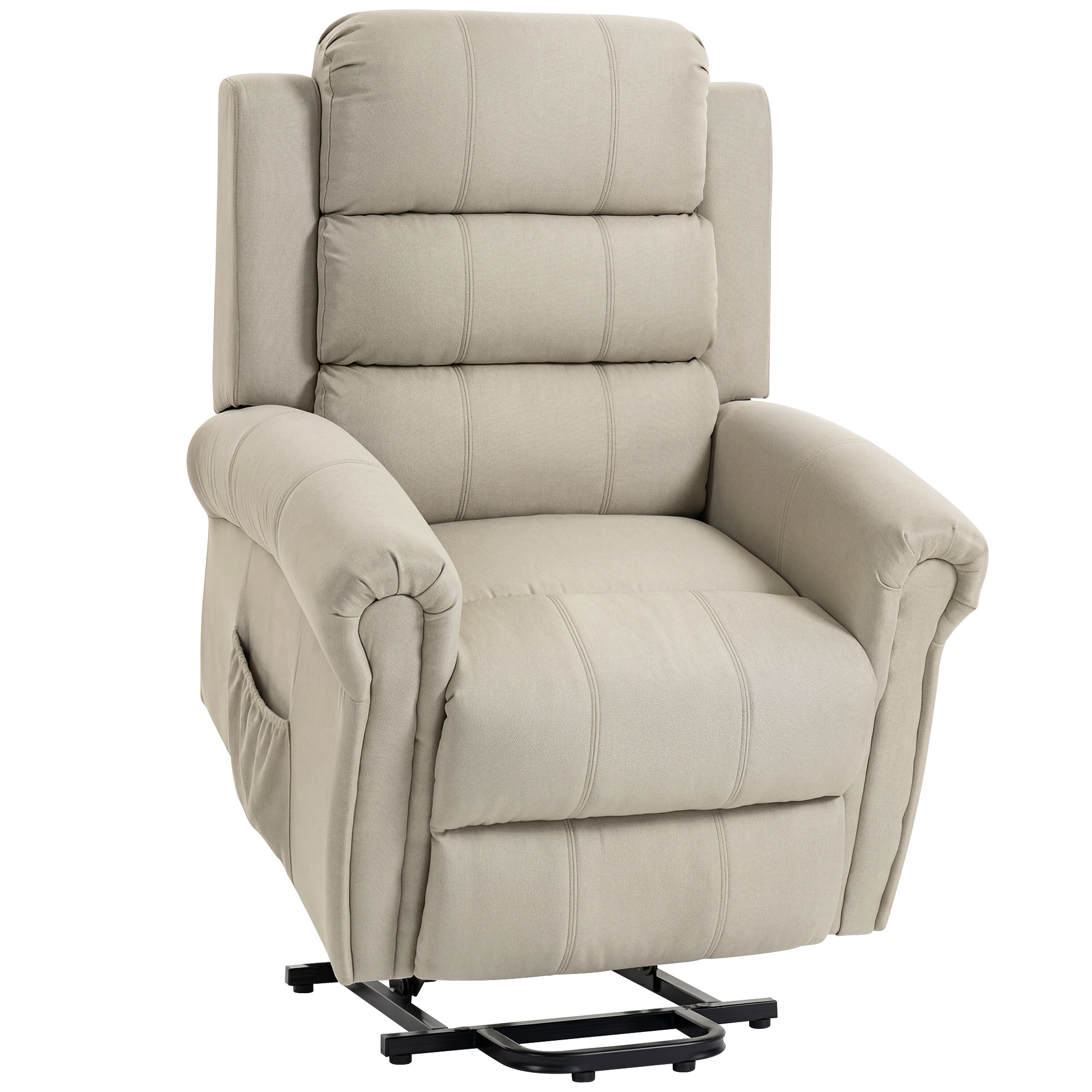 HOMCOM Fernsehsessel Elektrisch Relaxsessel mit Aufstehhilfe, Vibrationsmassage, Liegefunktion, Massagesessel mit Fernbedienung mit USB Anschluss, Seitentasche, Leinenoptik, für Wohnzimmer, Beige Aosom