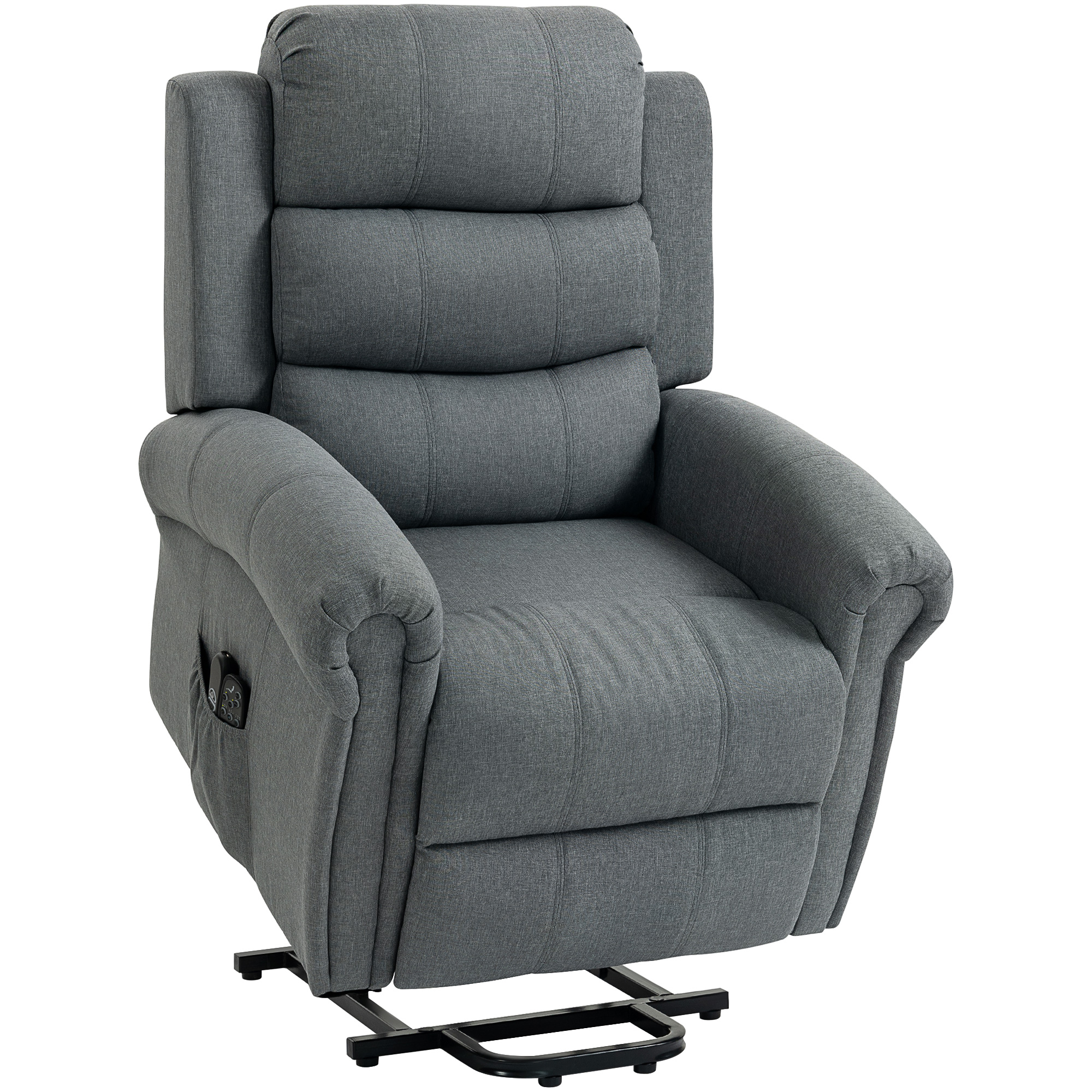 HOMCOM Fernsehsessel Elektrisch Relaxsessel mit Aufstehhilfe, Vibrationsmassage, Liegefunktion, Massagesessel mit Fernbedienung mit USB Anschluss, Seitentasche, Leinenoptik, für Wohnzimmer, Grau Aosom