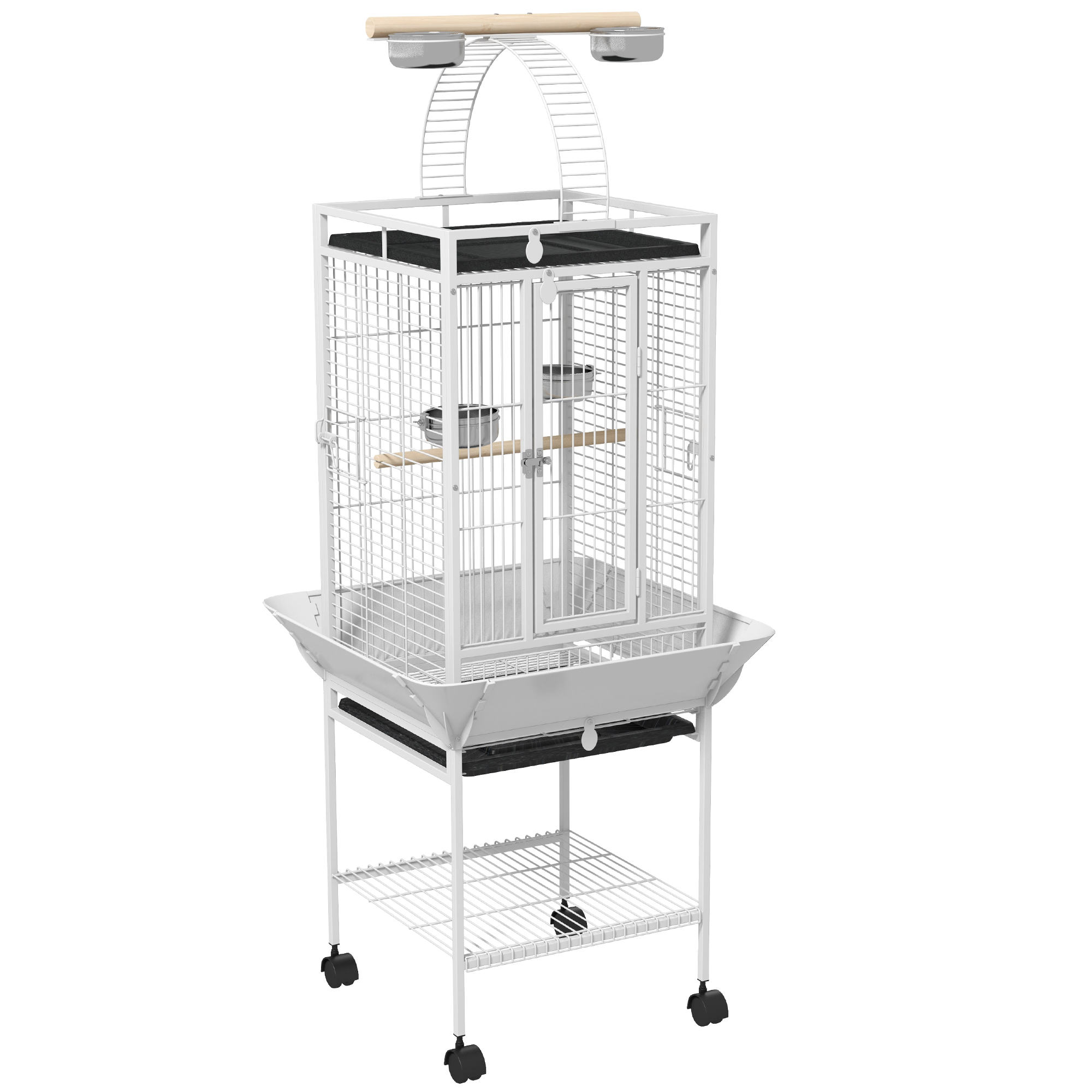 PawHut Vogelkäfig, Papageienkäfig mit 3 Türen, 2 Sitzstange, 360° Rollen, Futternapf, Ablage, Vogelvoliere mit Freisitz, herausnehmbar Tablett, Stahl Voliere für Nymphensittiche, 62,5x62,5x156cm, Weiß Aosom