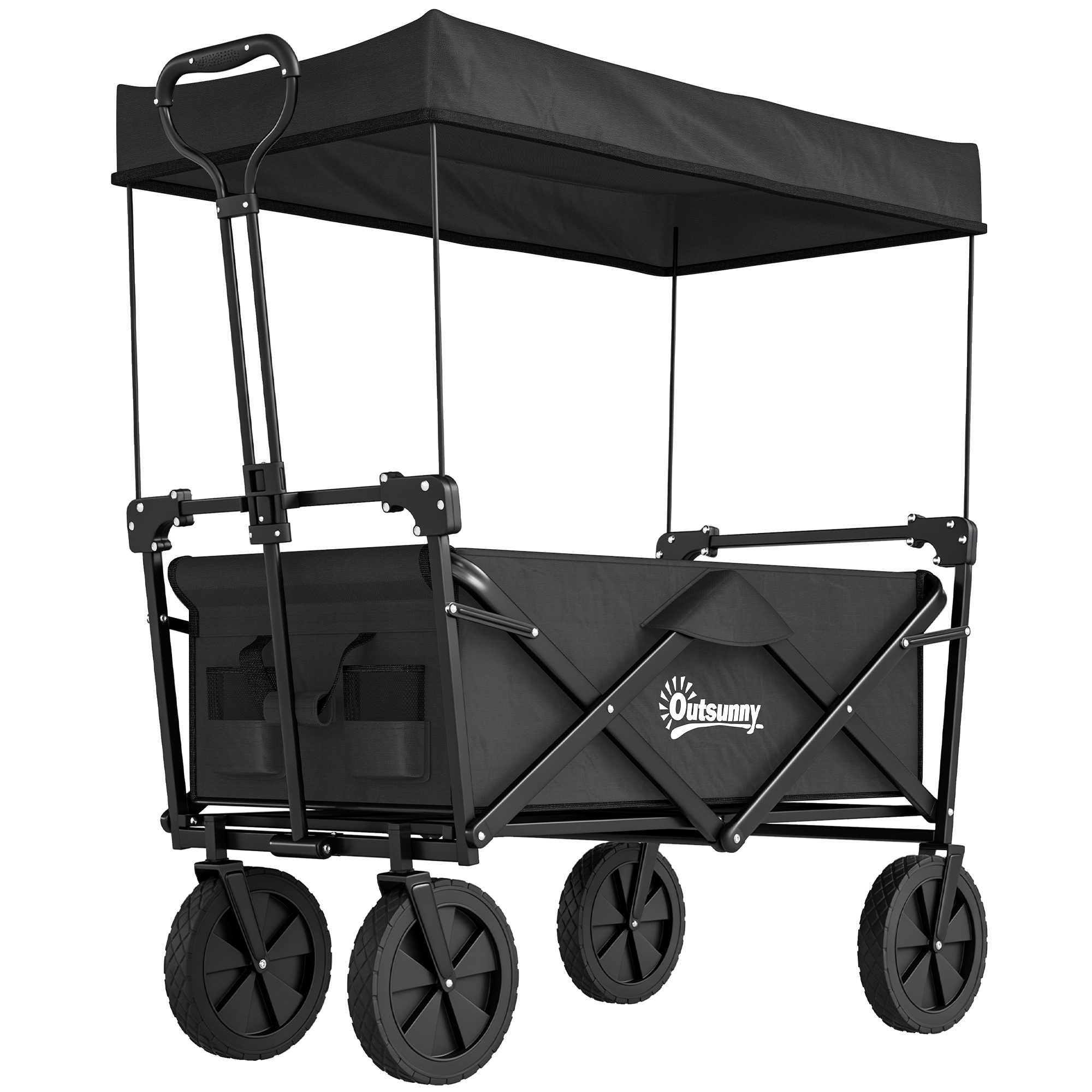 Outsunny Bollerwagen faltbar mit Sonnendach, Transportwagen bis 110 kg belastbar, Handwagen mit Tragetasche, Oxford Schwarz für Garten & Ausflüge Aosom.de