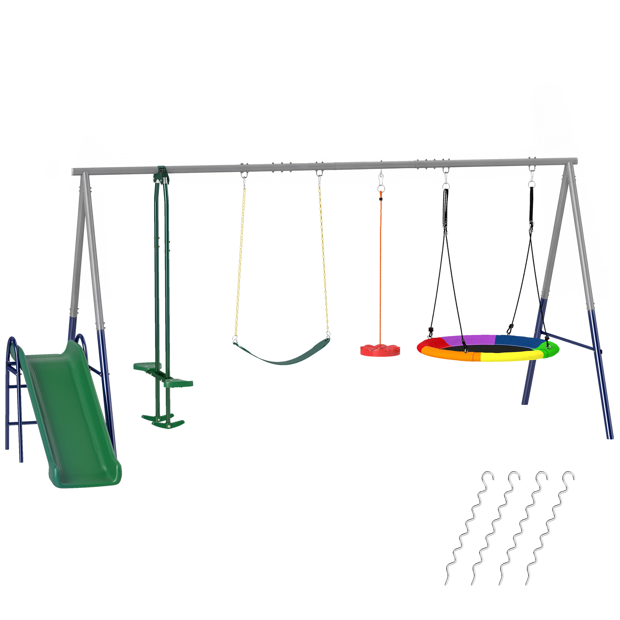 AIYAPLAY Schaukelgestell 5 in 1 Kinderschaukel Set mit Rutsche höhenverstellbar Schaukelgerüst mit Nestschaukel Gurtschaukel Gleiter Stehschaukel bis 350 kg für 3-8 Jahre 382x196 x203 cm Mehrfarbig Aosom