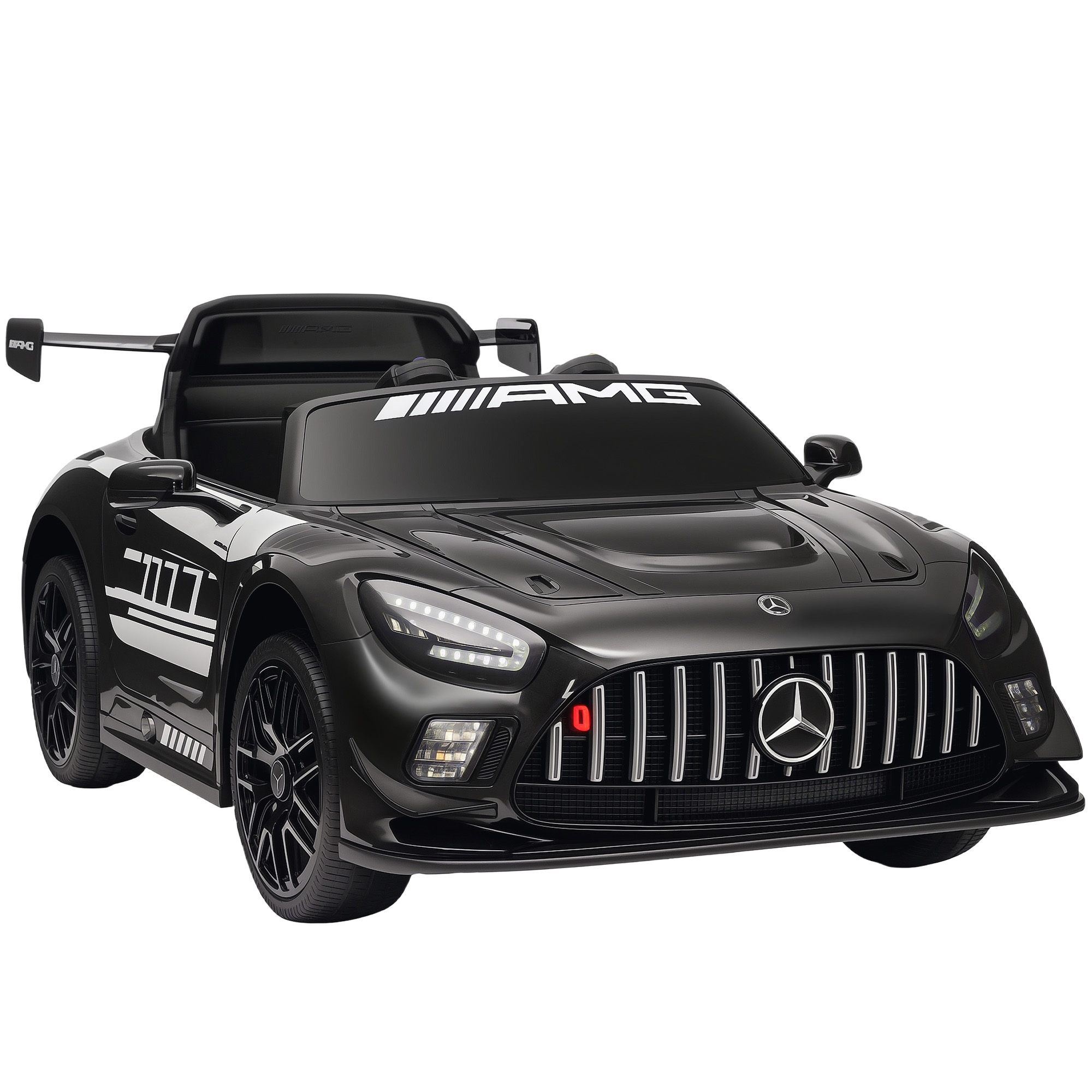 AIYAPLAY Kinder Elektroauto Mercedes-AMG, 12V Kinderauto mit 2,4GHz Fernbedienung, 2 Motor, kabelloser Musik Kinderfahrzeug mit LED-Leuchte Hupe Sanftstart Stützrädern Zugstange für 3-8 Jahre Schwarz Aosom