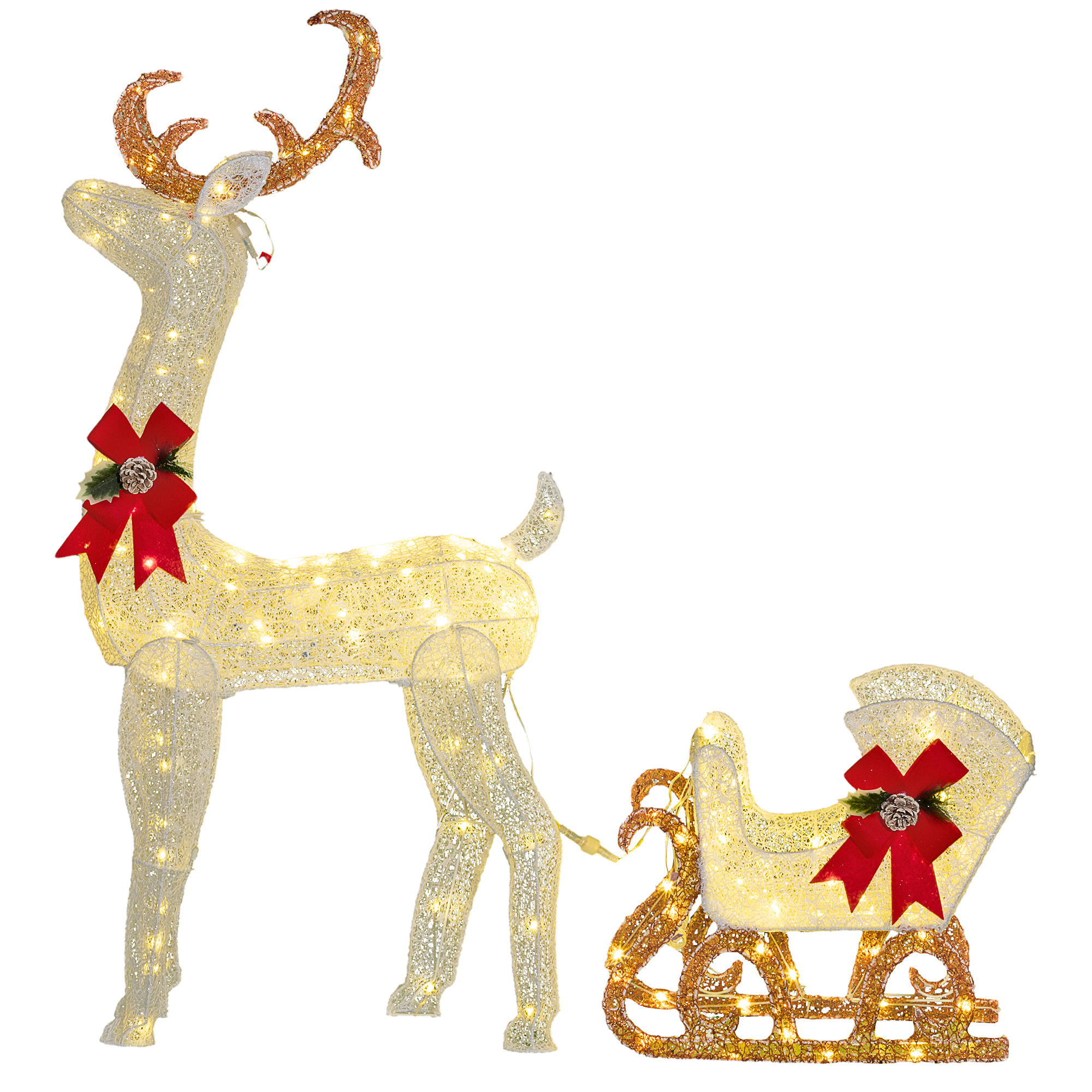 Outsunny LED Rentier und Schlitten Weihnachtsdeko mit 170 Lichtern, Weihnachtsbeleuchtung Hirsch Deko für Indoor, Outdoor, Weiß   Aosom