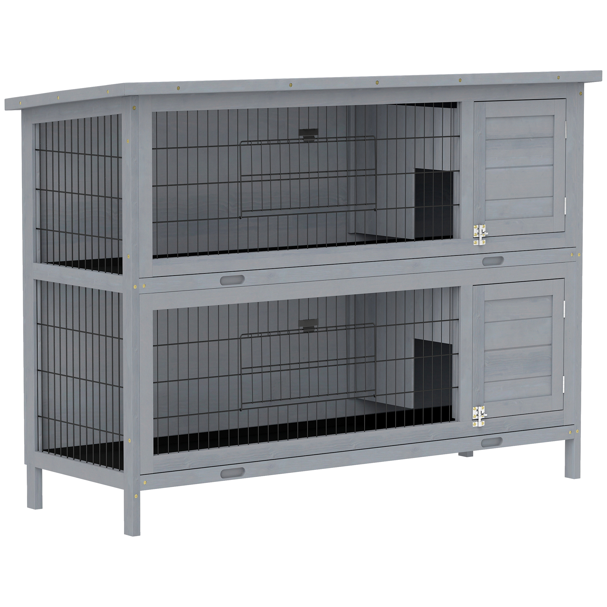 PawHut Hasenstall Kaninchenstall aus Holz mit 2 Etagen Asphaltdach Bodenwanne 136,4 x 50 x 93 cm Winterfest Kleintierstall mit Türen Kaninchenkäfig für Kleintiere Kaninchen Indoor Outdoor Grau Aosom