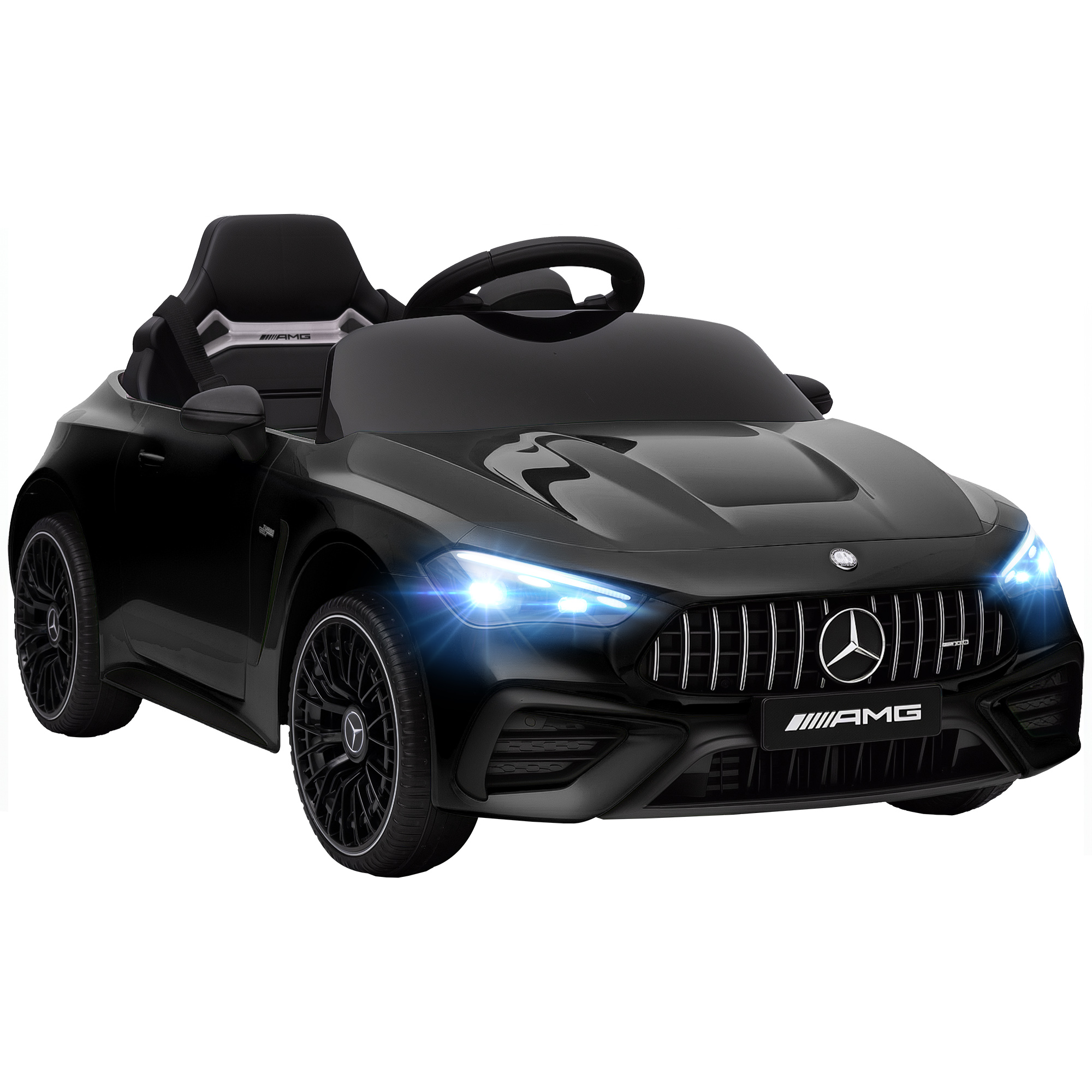 AIYAPLAY Kinder Elektroauto 12V Kinderauto mit 2,4 GHz Fernbedienung, 2 Motoren, Kinderfahrzeug mit Musik, MP3, Sanftem Start/Stopp, Hupe, Federung, LED-Leucht, Hilfsräder für 3-6 Jahre, Schwarz Aosom