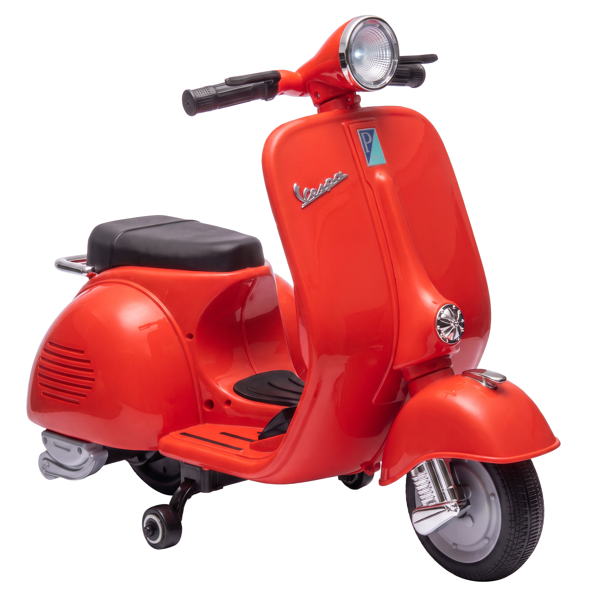 AIYAPLAY Elektromotorrad für Kinder ab 3 Jahren VESPA-Lizenz, 6V Lithium-Batterie, elektrisches Kinder-Moped mit abnehmbaren Stützrädern, Musik, USB, LED-Scheinwerfer, 3-5 km/h Mini-Moped, Max 30kg, Rot Aosom
