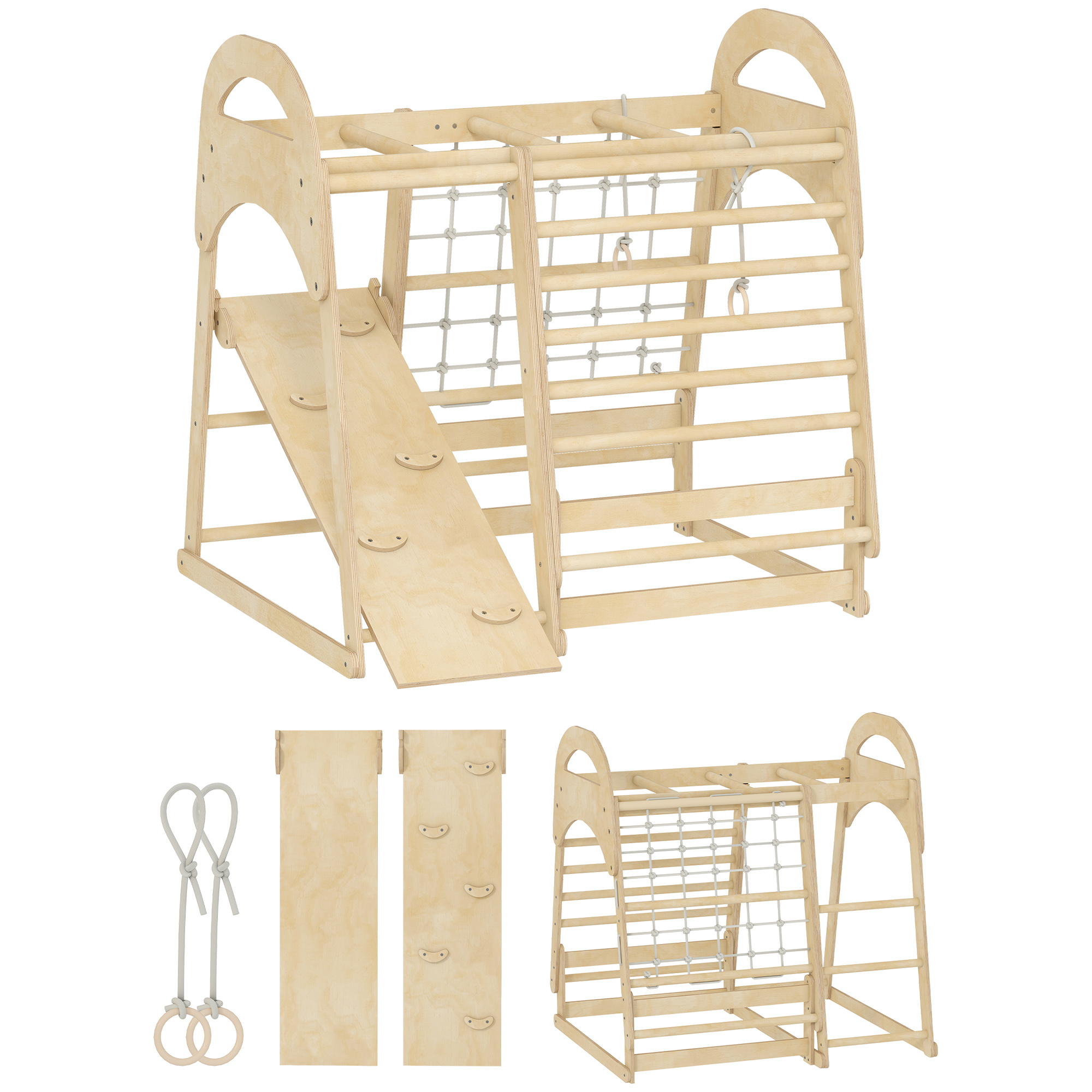 AIYAPLAY 6-in-1 Montessori Klettergerüst Indoor Holz Indoor Spielplatz mit Rutsche, Kletterstangen, Turnringen, Leiter, Kletternetz, Kletterturm Indoor für Kinder von 3-6 Jahre, Naturholz Aosom