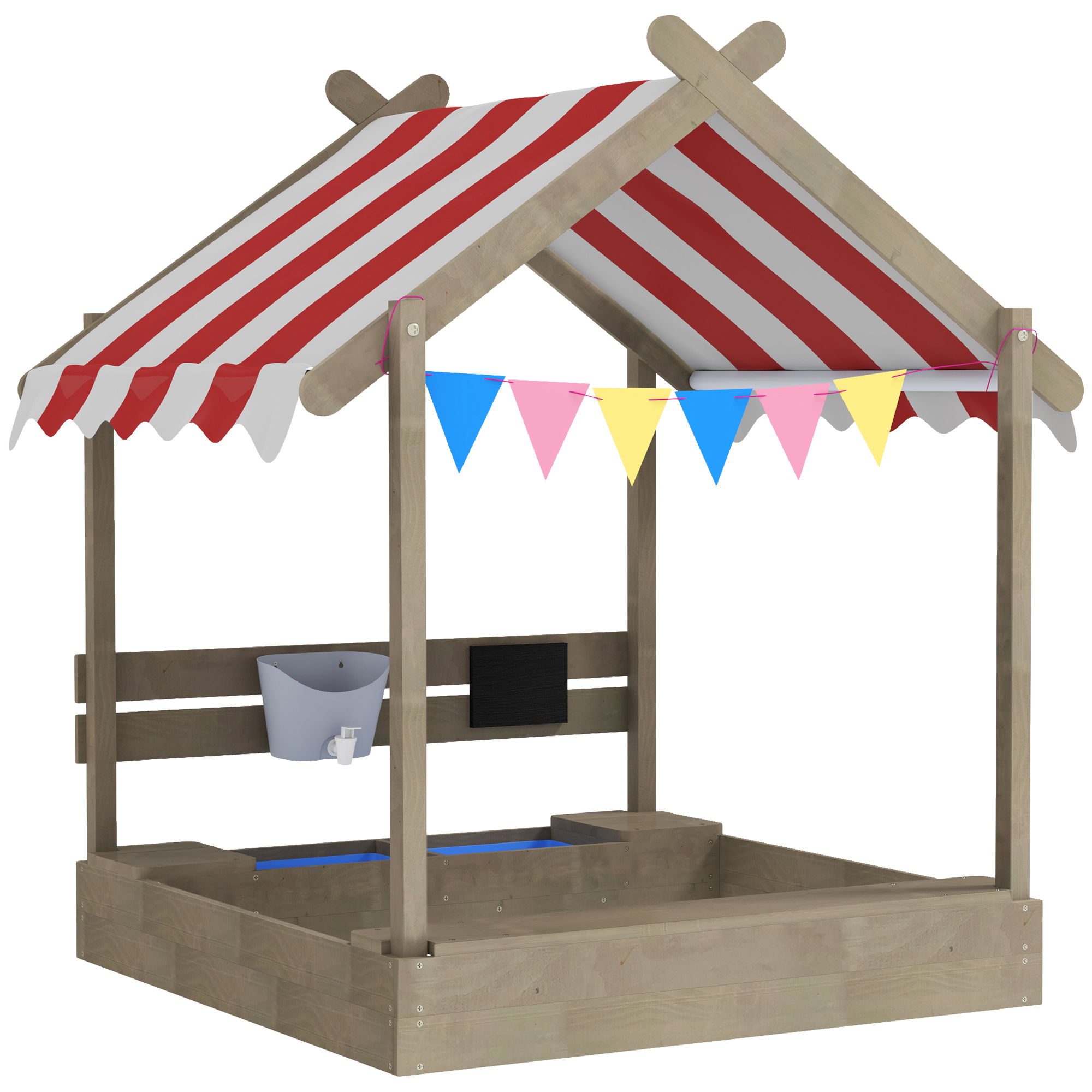 Outsunny Sandkasten mit Dach, Sandkiste aus Holz mit Sitzplatz, Spielhaus, 124 x 116 x 146 cm Sandbox mit Tafel für 3-7 Jahre Kinder, Garten, Grau Aosom