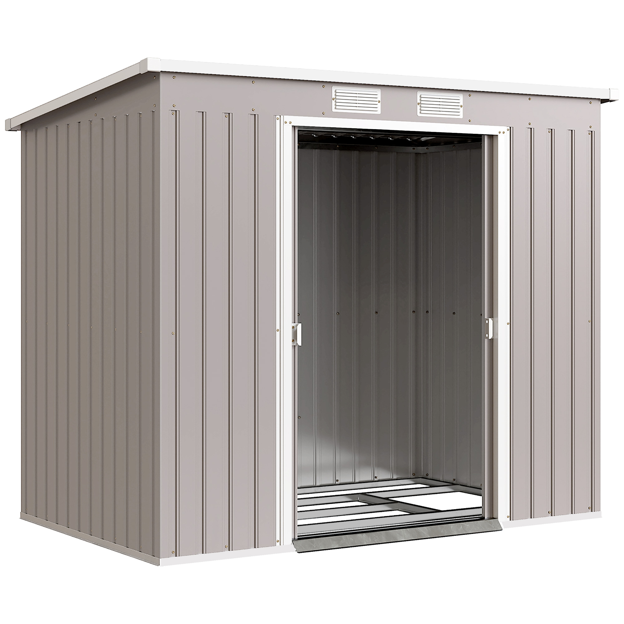 Outsunny Metall Gerätehaus 2,42 m², Geräteschuppen mit Pultdach Abschließbarer Doppelschiebetür Belüftung Bodenrahmen, 213 x 130 x 172 cm, wetterfest Outdoor Gartenhaus für Hinterhof Garten Hellgrau Aosom