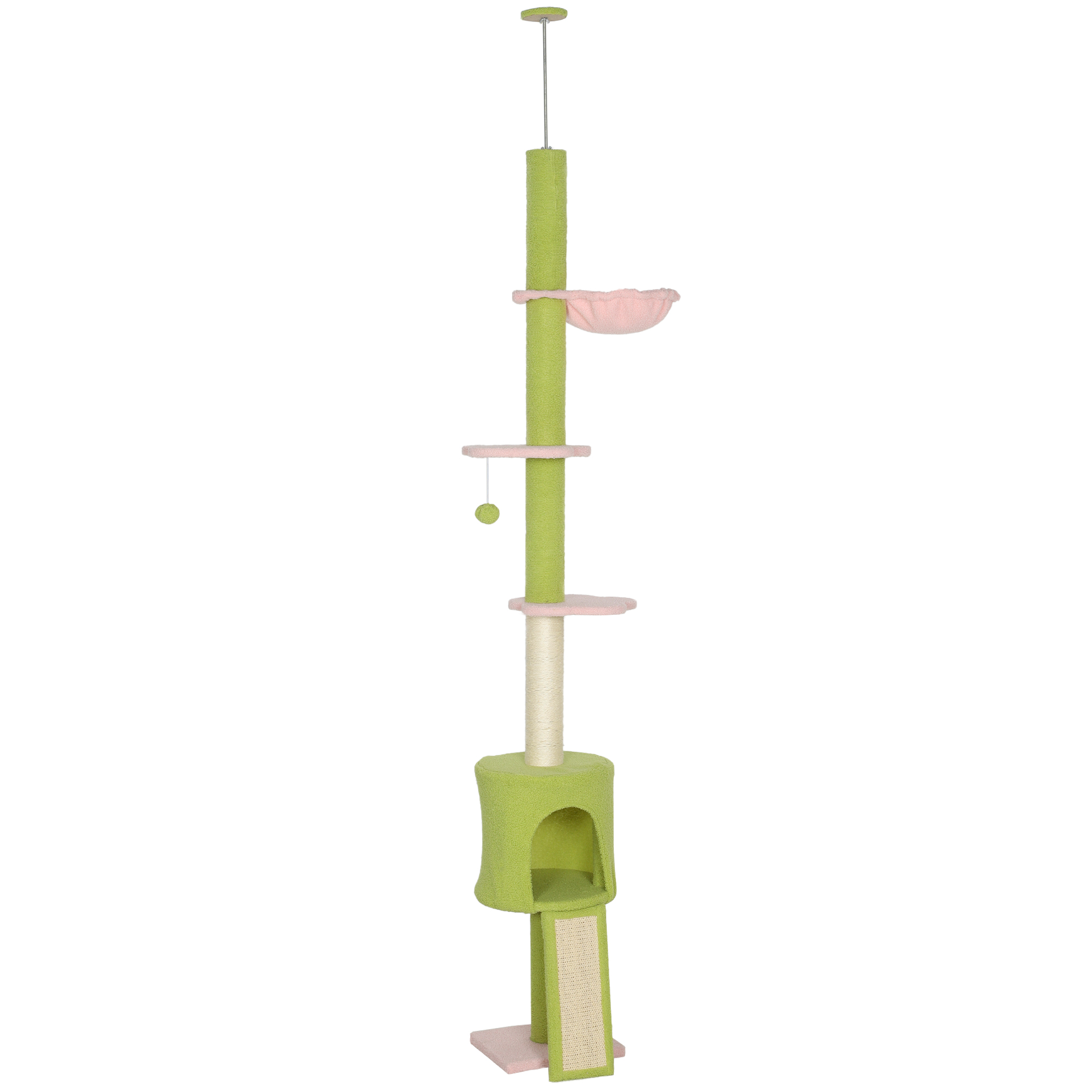 PawHut Kratzbaum Deckenhoch 200-240 cm höhenverstellbar Katzenbaum mit Hängematte, Höhle, Kratzstamm, Rampe, Sitzstangen, Katzenkratzbaum für Katzen unter 5 kg, Grün Aosom