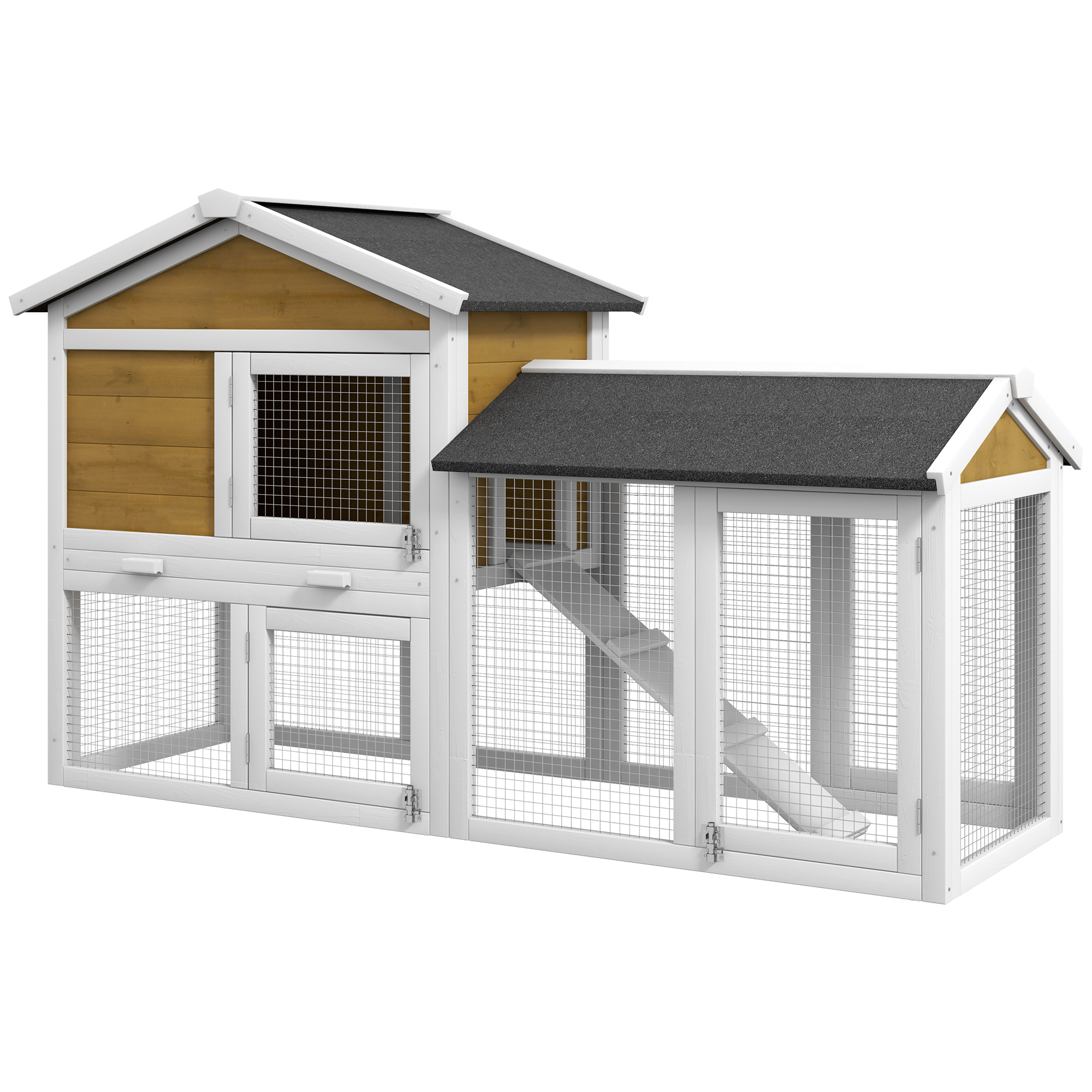 PawHut Hasenstall 2 Etagen Winterfest Kaninchenstall Holz 147x54x84 cm Kaninchenkäfig mit wasserdicht Bitumendach Freilaufgehege Rampe Türen Hasenkäfig für Zwergkaninchen Meerschweinchen Outdoor Gelb Aosom