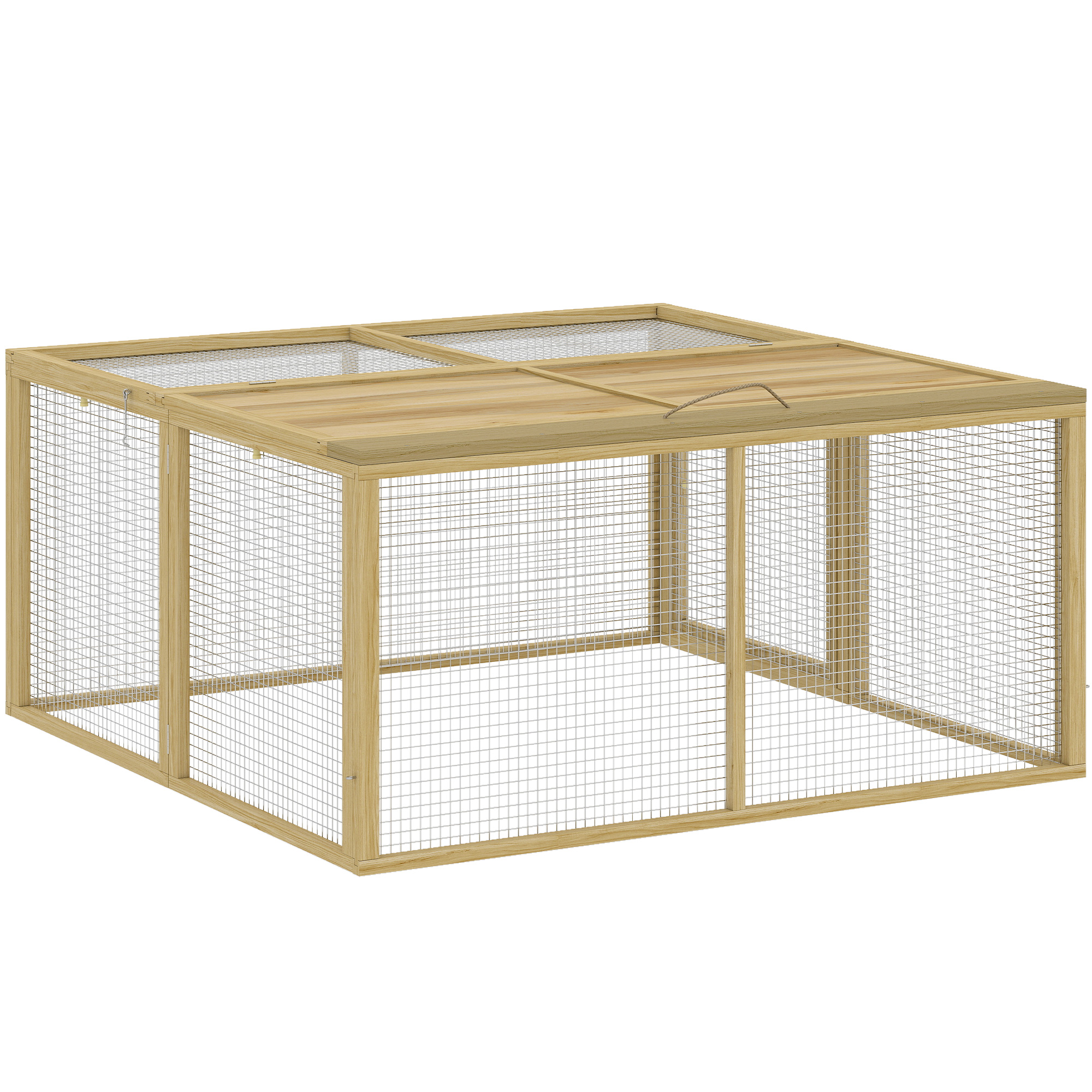 PawHut Kaninchenstall Holz klappbar Kleintierstall Freilaufgehege aufklappbar Dach Meerschweinchen Natur 120x120x57cm Aosom