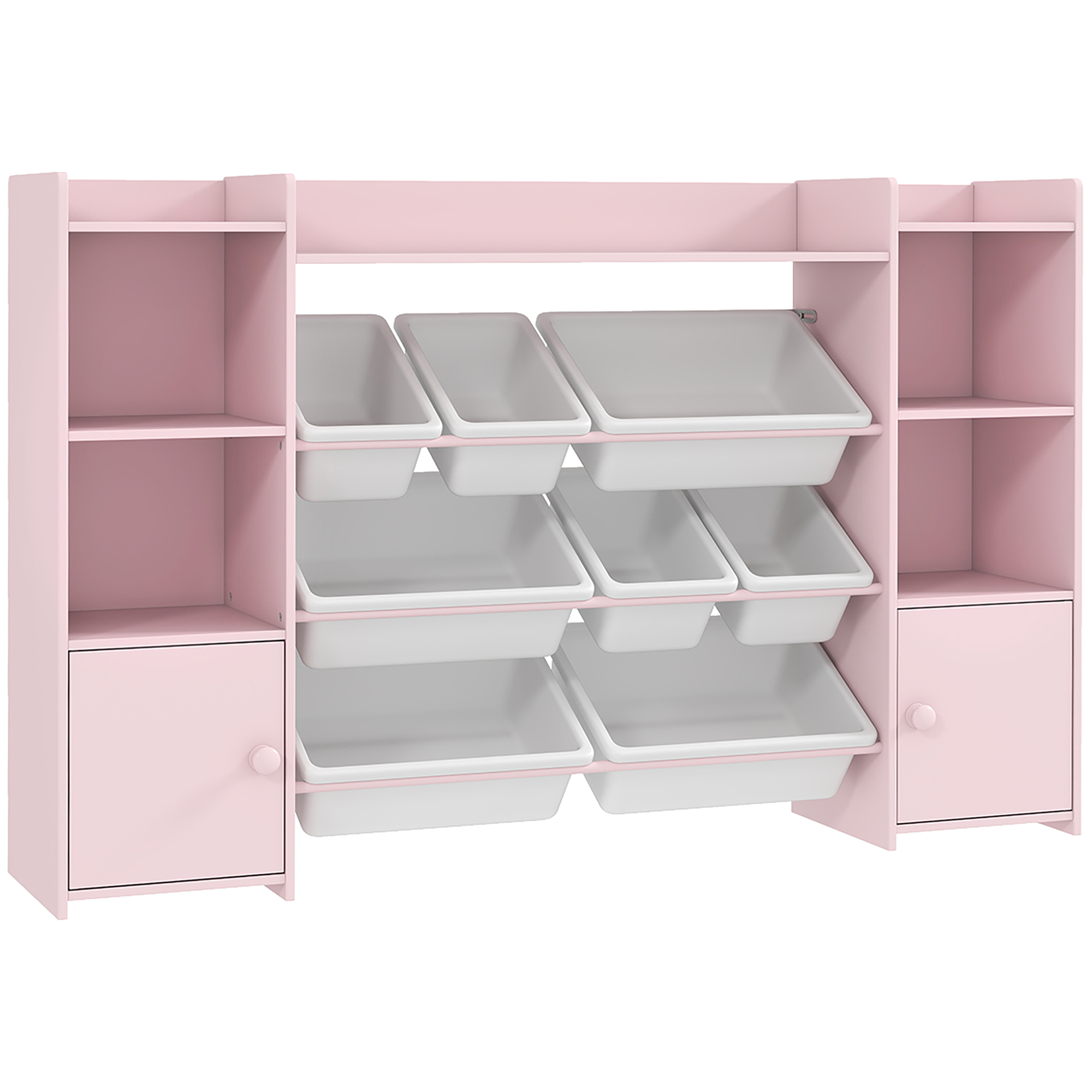AIYAPLAY Kinderregal, Spielzeugregal Bücherregal mit 8 herausnehmbaren Aufbewahrungsboxen, 4 offenen Fächern, 2 Schrankfächer, für Kinderzimmer, Spielzimmer, Wohnzimmer, 140 x 30 x 90 cm, Rosa Aosom