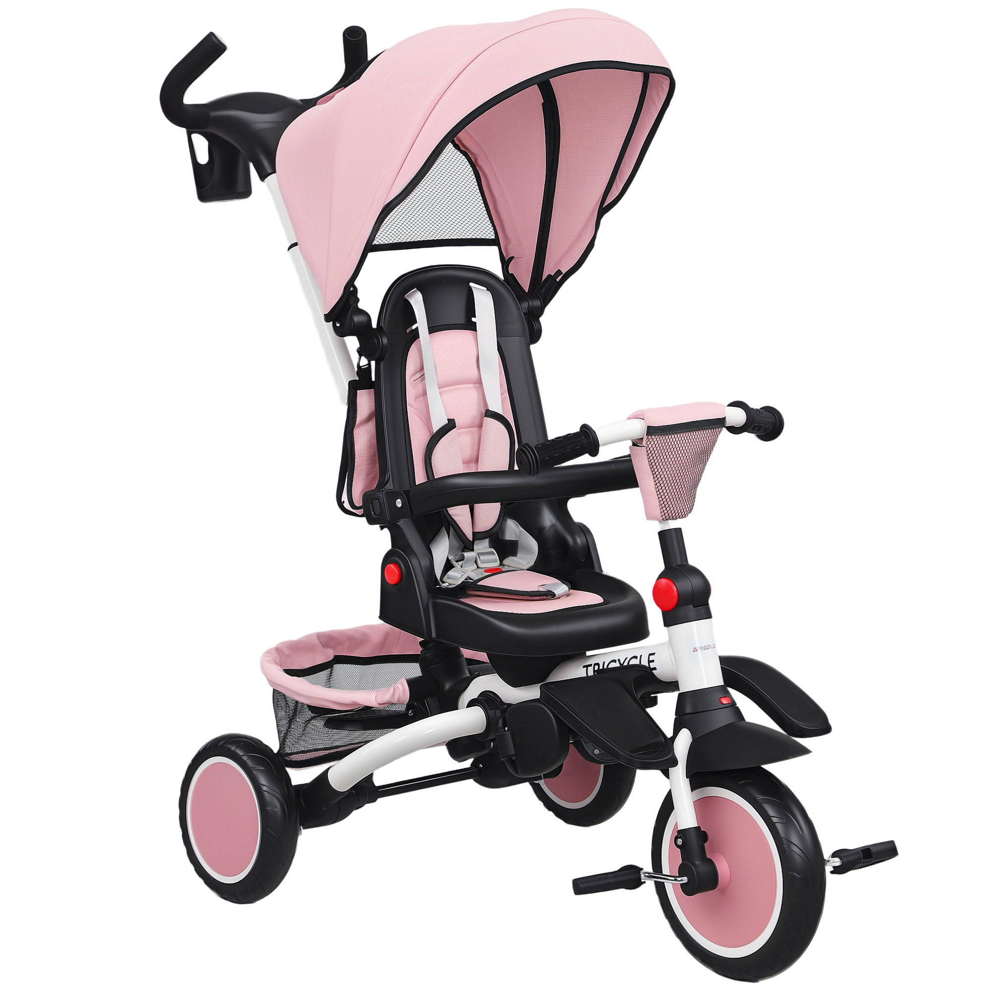 AIYAPLAY Dreirad 6in1 mit Schubstange für 1-5 Jahre Faltbar Kinderdreirad mit drehbarem Sitz, Korb, Tasche, Getränkehalter, klappbar Sonnendach, Sicherheitsgurt Rosa   Aosom