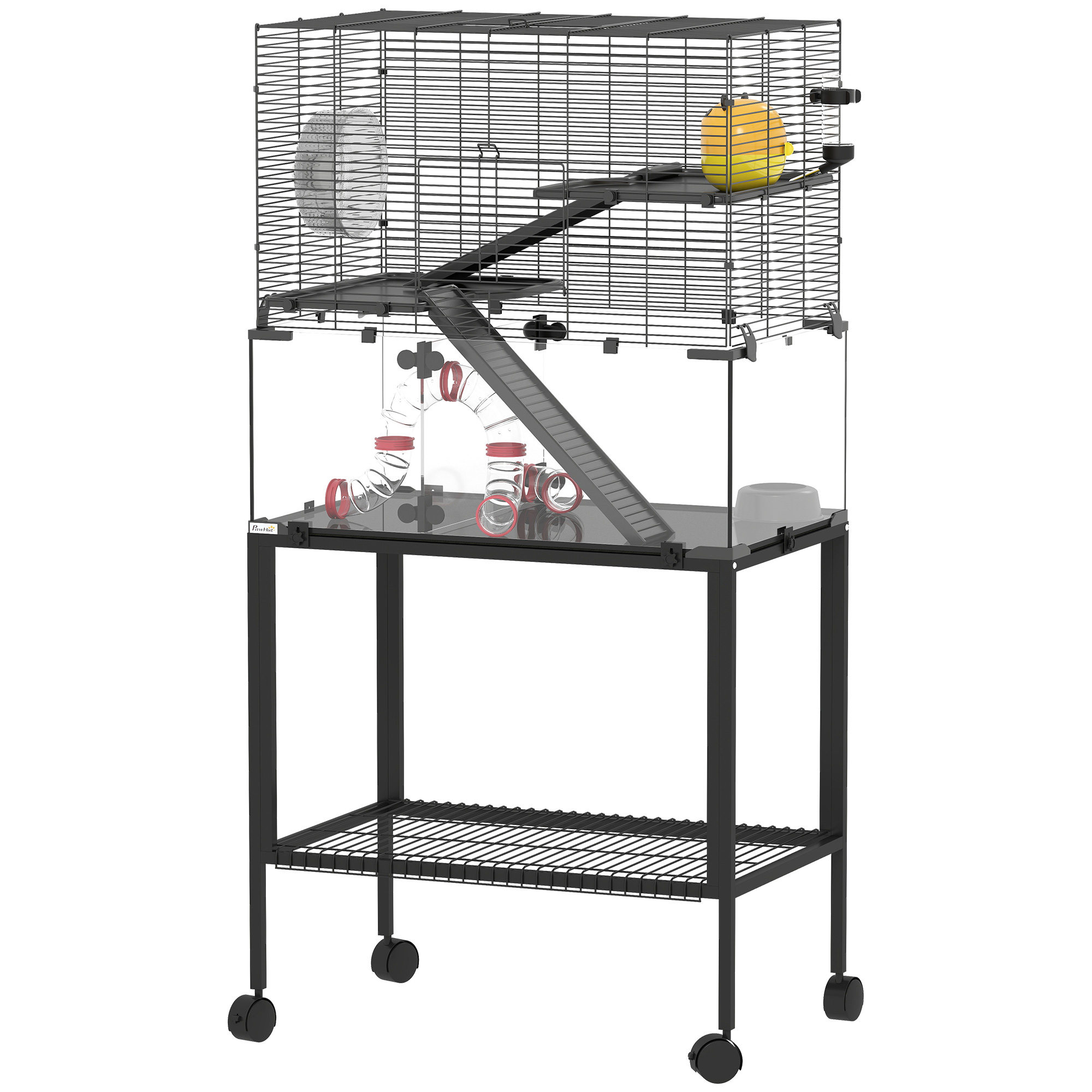 PawHut Hamsterkäfig mit Rollen 3 Etagen Nagerkäfig Kleintierkäfig mit Röhrensystem, Hütte, Rampen, Fressnapf und Zubehör Mäusekäfig Käfig für Zwerghamster 77 x 49 x 130,5 cm Schwarz Aosom
