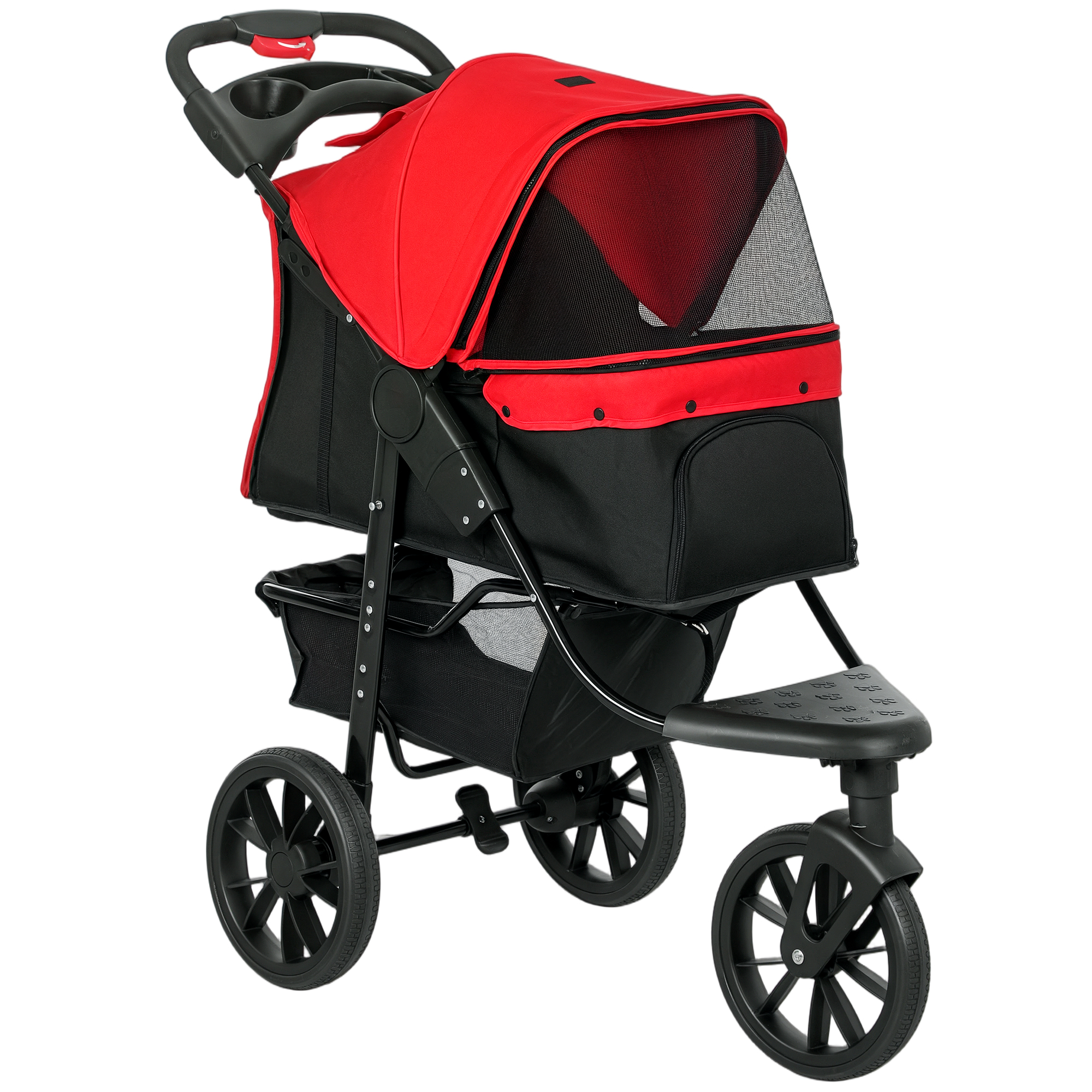 PawHut Hundewagen klappbar Hundebuggy für kleine Hunde bis 10 kg Katzenwagen mit 3 Rädern, Netzfenstern, Getränkehalter, Ablagekorb Katzenbuggy mit Bremse, Rot Aosom