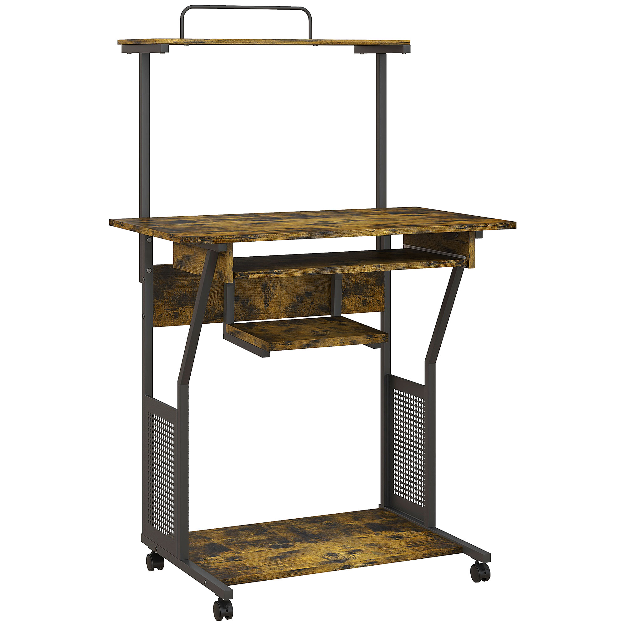 HOMCOM Computertisch mit Stauraum, rollbar, Regale und Tastaturauszug, Computertisch auf Rollen, 80 x 50 x 130 cm, rustikales Braun Aosom